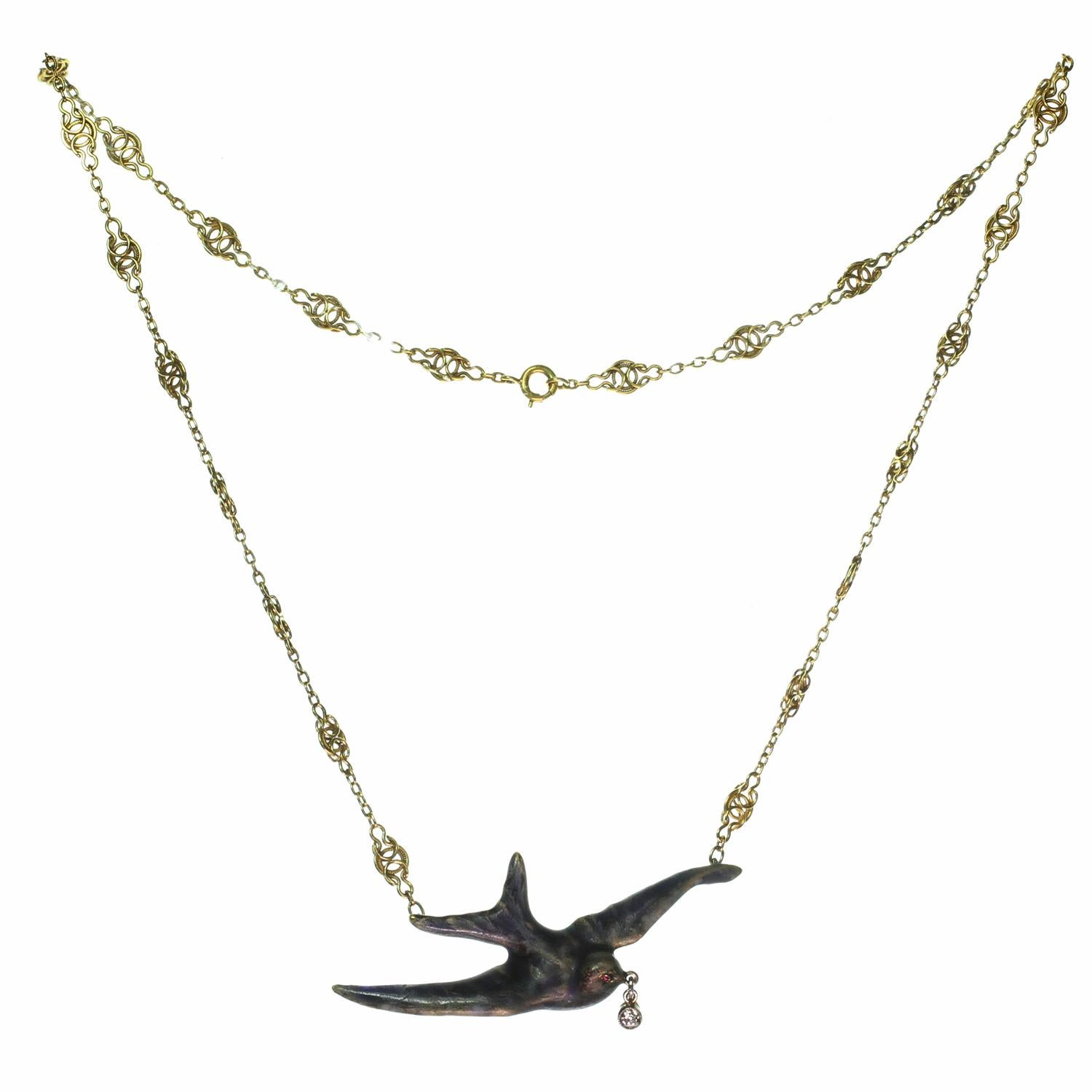 Women's or Men's Art Nouveau Diamond Ruby Enamel Gold Platinum Swallow Bird Necklace