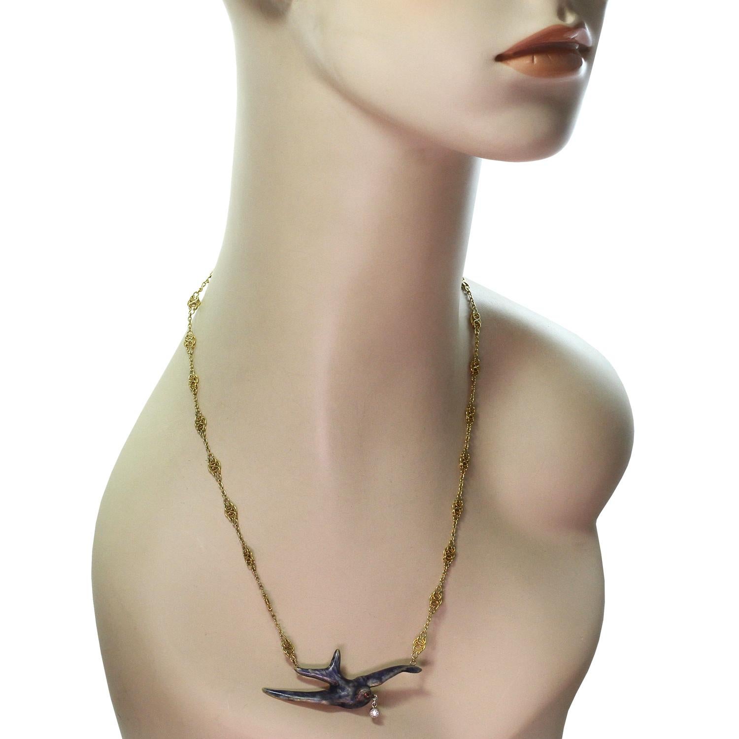 Art Nouveau Diamond Ruby Enamel Gold Platinum Swallow Bird Necklace 1