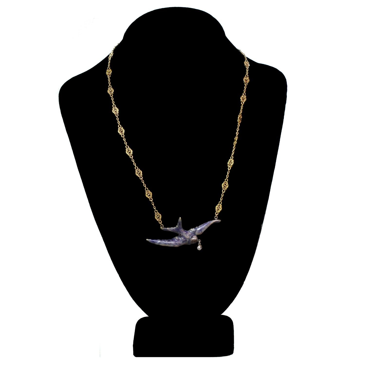 Art Nouveau Diamond Ruby Enamel Gold Platinum Swallow Bird Necklace 2