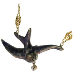 Art Nouveau Diamond Ruby Enamel Gold Platinum Swallow Bird Necklace