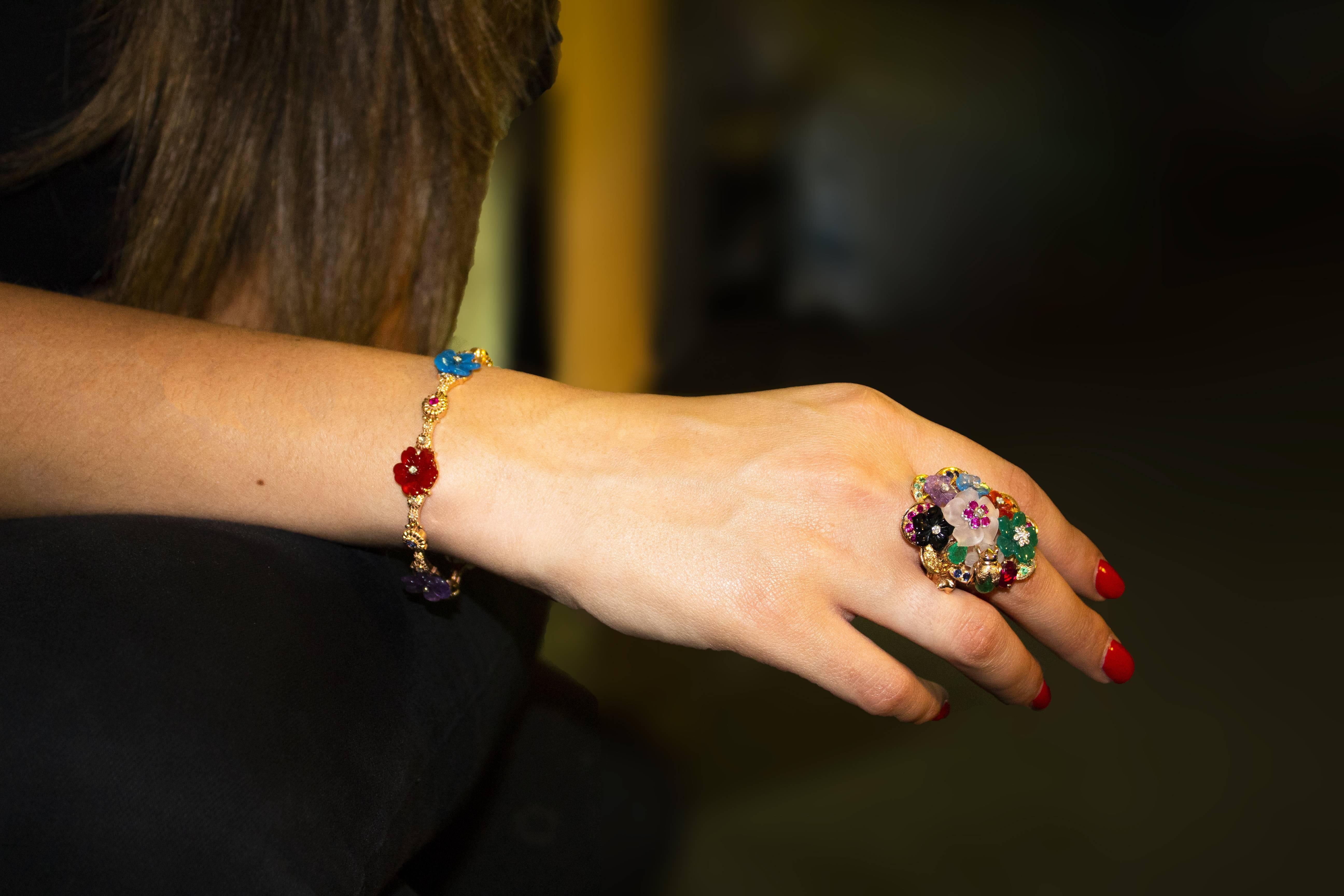 Art Nouveau Diamond Ruby Sapphire Emerald Amethyst Yellow Gold Flowers Bracelet 7