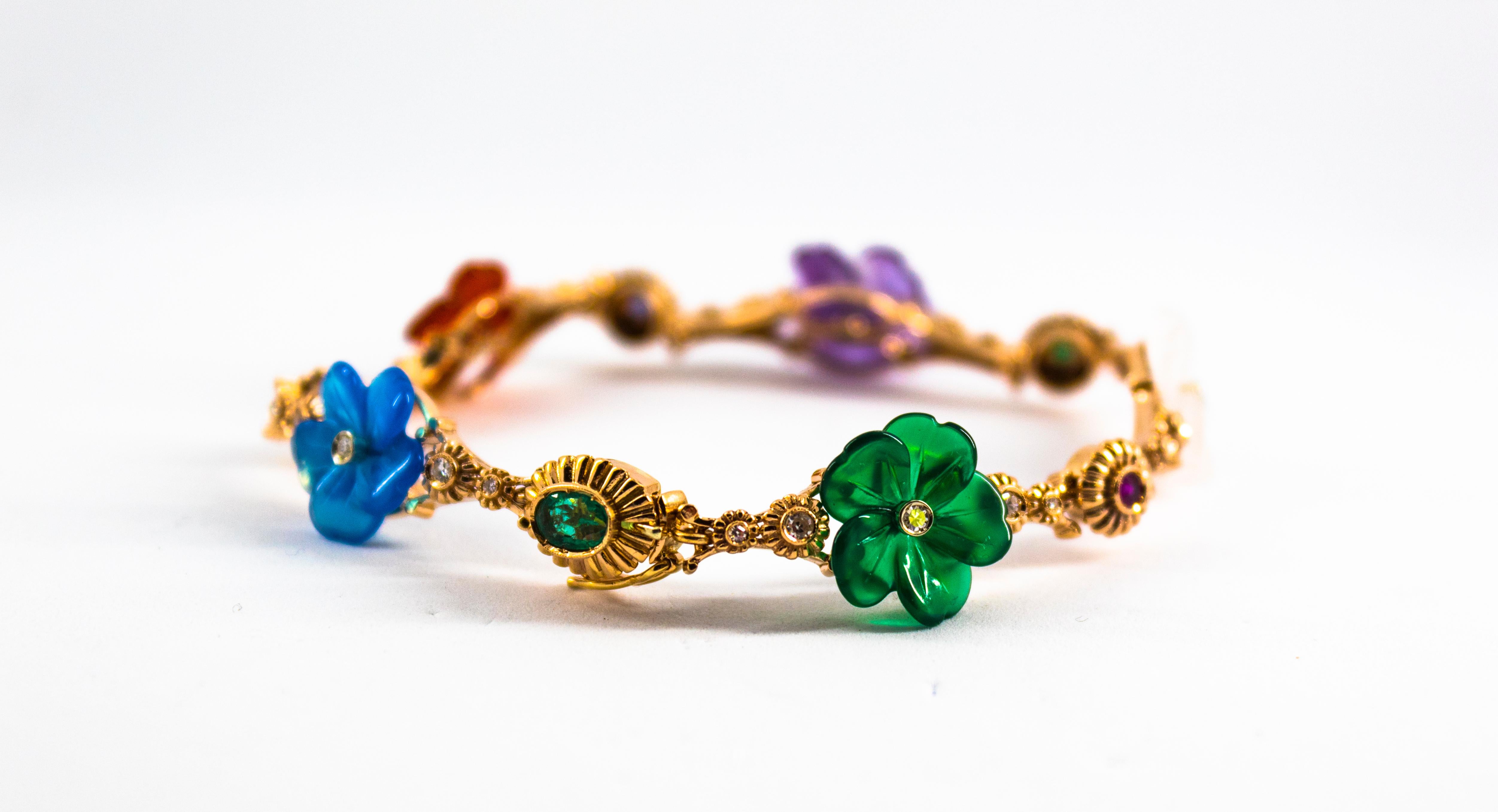 Art Nouveau Diamond Ruby Sapphire Emerald Amethyst Yellow Gold Flowers Bracelet In New Condition In Naples, IT