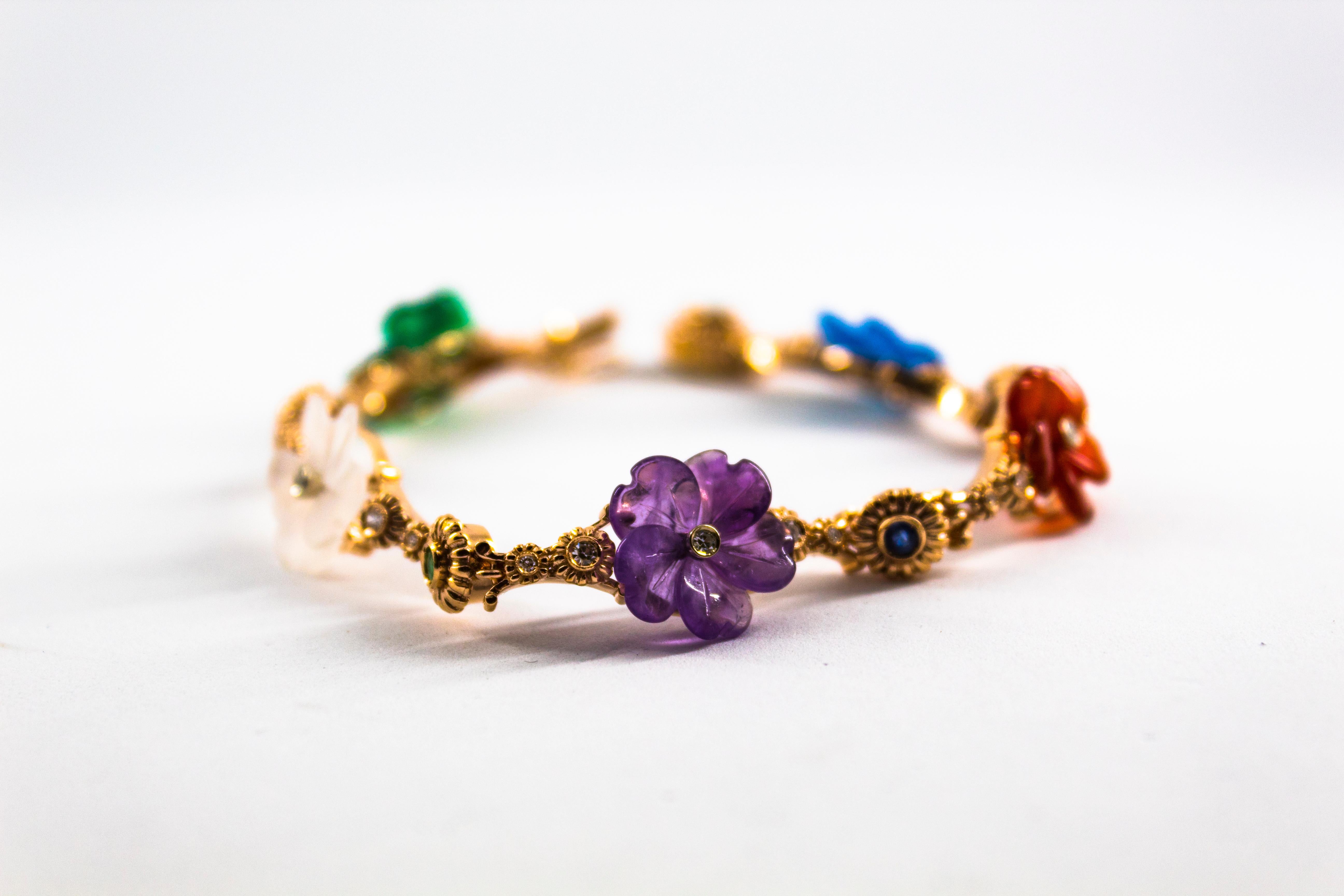 Art Nouveau Diamond Ruby Sapphire Emerald Amethyst Yellow Gold Flowers Bracelet In New Condition In Naples, IT