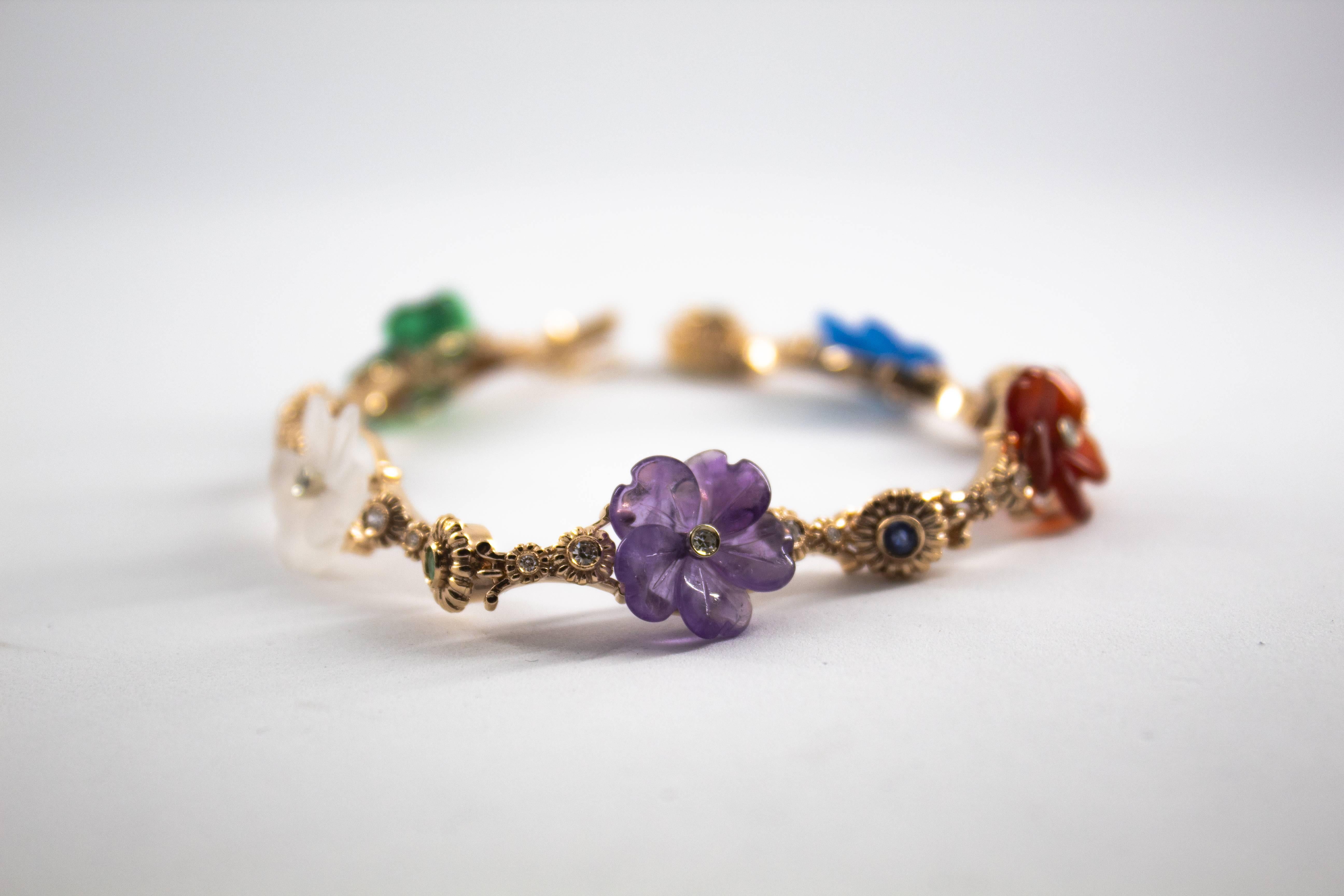 Women's or Men's Art Nouveau Diamond Ruby Sapphire Emerald Amethyst Yellow Gold Flowers Bracelet