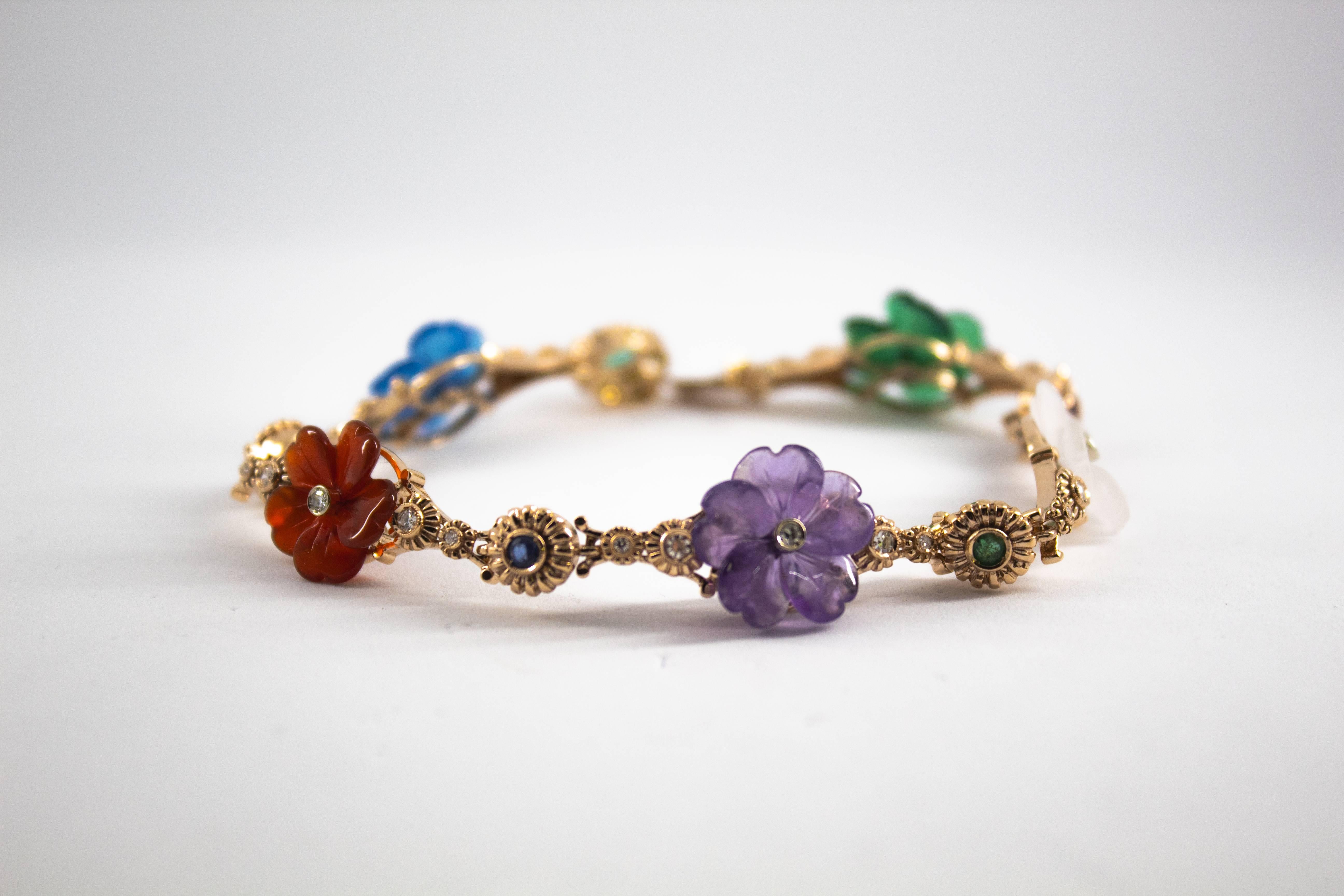 Art Nouveau Diamond Ruby Sapphire Emerald Amethyst Yellow Gold Flowers Bracelet 1