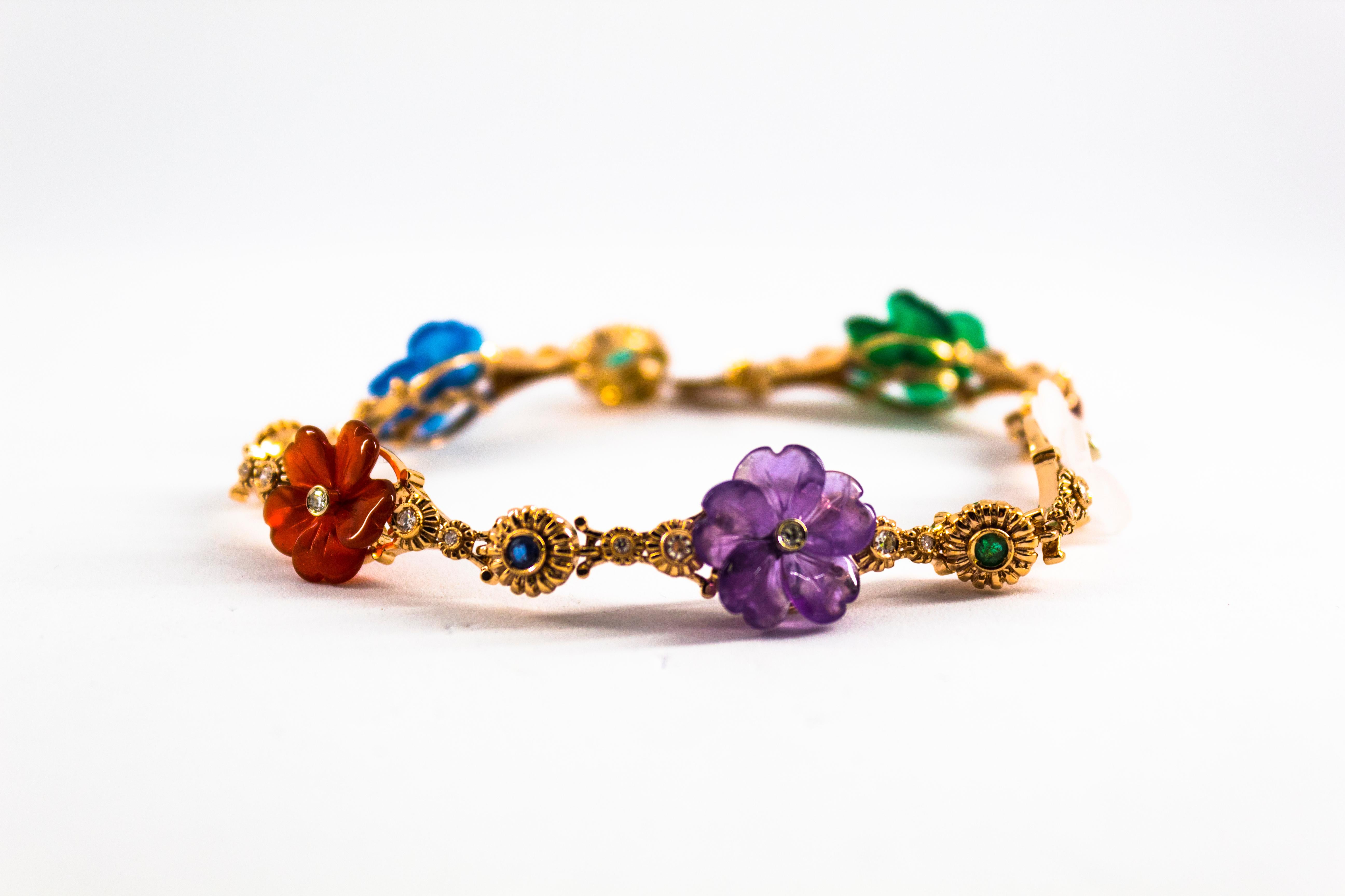 Art Nouveau Diamond Ruby Sapphire Emerald Amethyst Yellow Gold Flowers Bracelet In New Condition In Naples, IT
