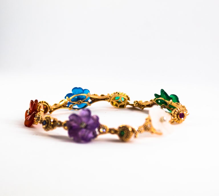 Art Nouveau Diamond Ruby Sapphire Emerald Amethyst Yellow Gold Flowers Bracelet For Sale 1