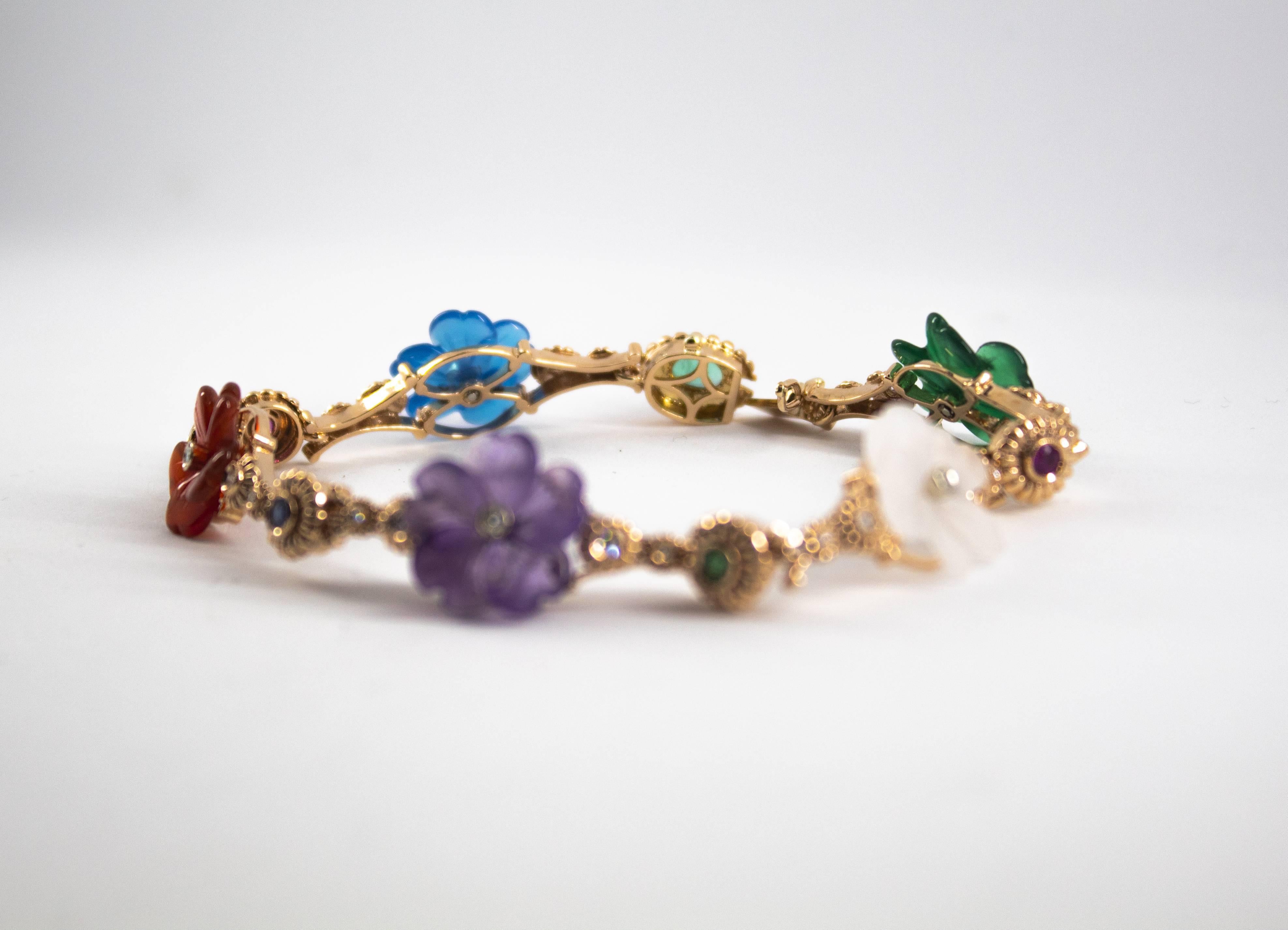 Art Nouveau Diamond Ruby Sapphire Emerald Amethyst Yellow Gold Flowers Bracelet 2