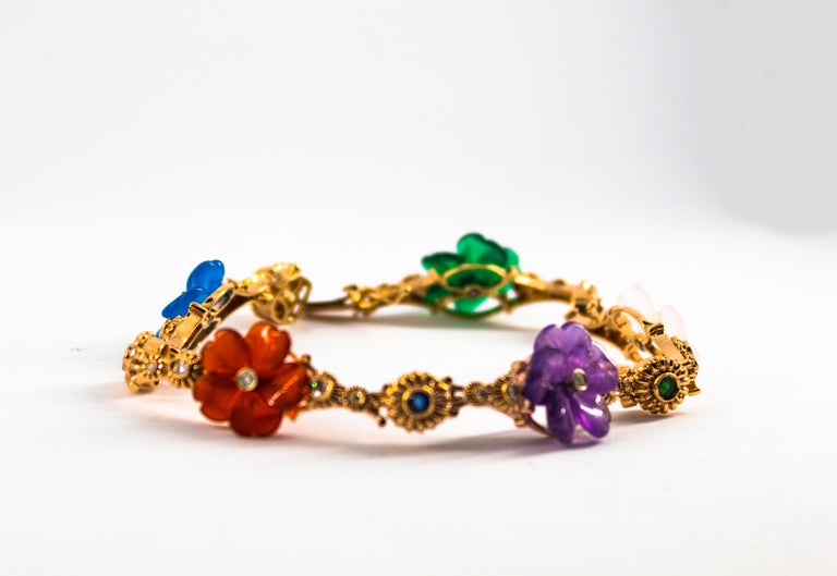 Art Nouveau Diamond Ruby Sapphire Emerald Amethyst Yellow Gold Flowers Bracelet For Sale 2