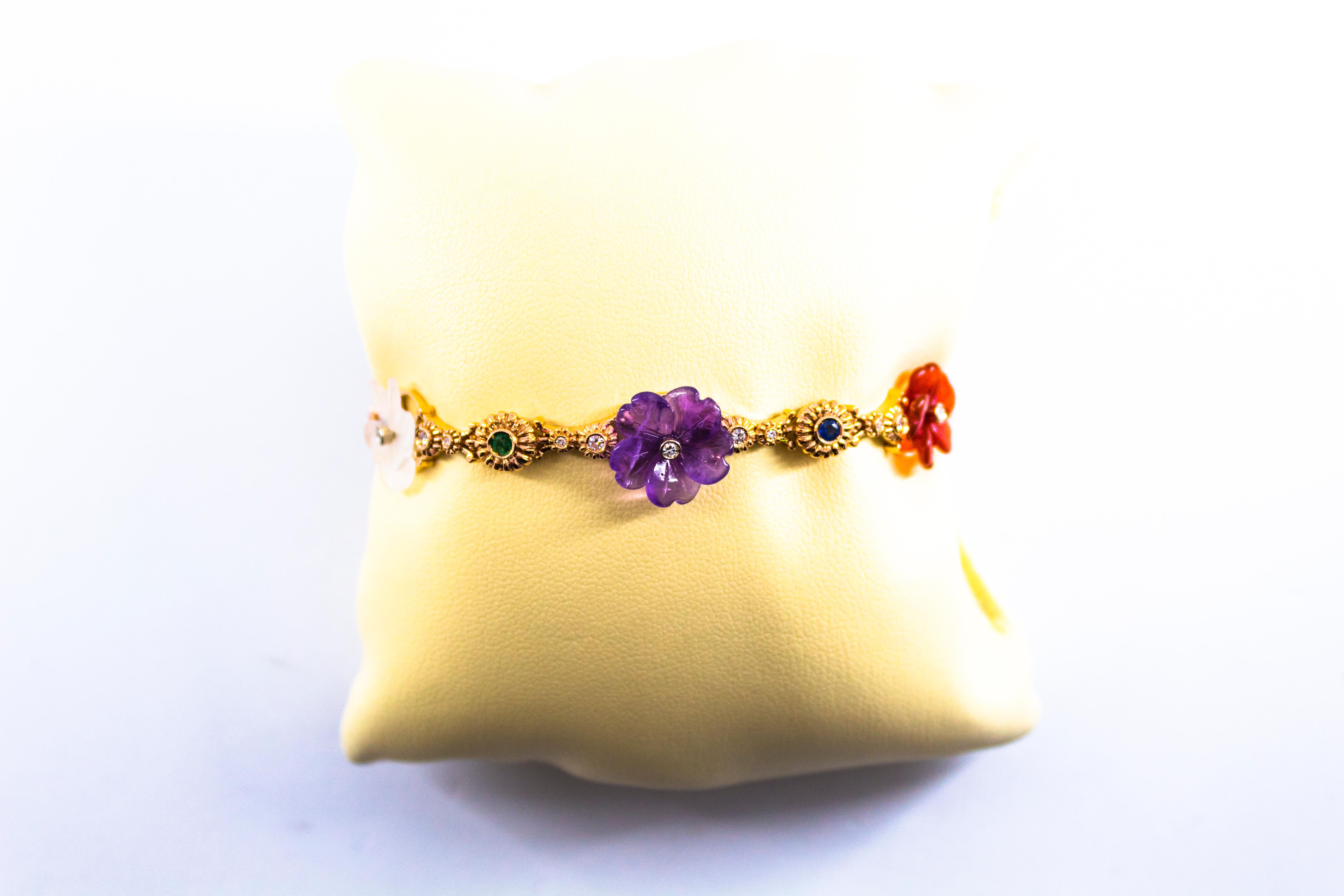 Bracelet Art Nouveau fleurs en or jaune avec diamants, rubis, saphirs, émeraudes et améthystes en vente 3