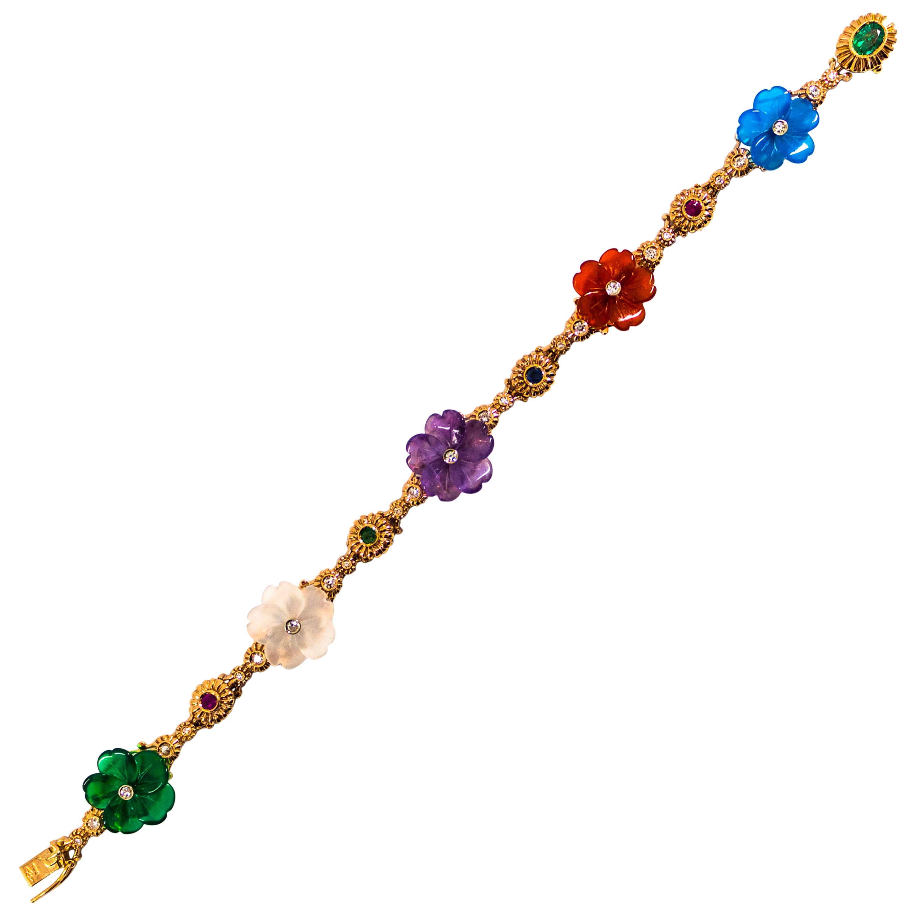 Art Nouveau Diamond Ruby Sapphire Emerald Amethyst Yellow Gold Flowers Bracelet