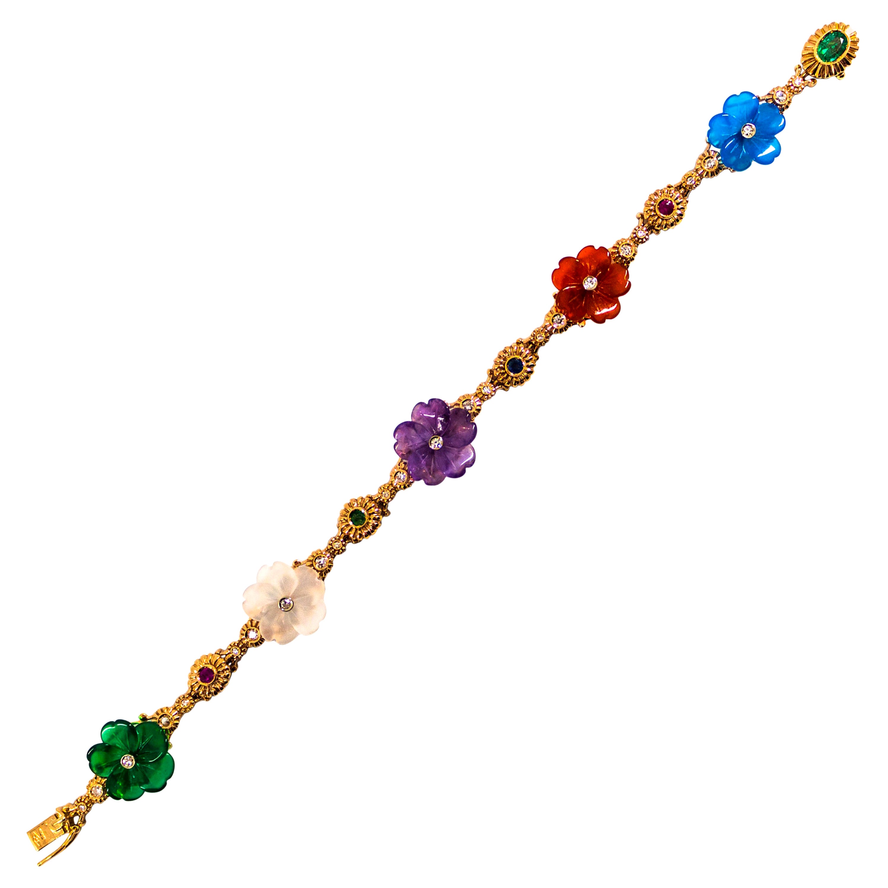 Bracelet Art Nouveau fleurs en or jaune avec diamants, rubis, saphirs, émeraudes et améthystes