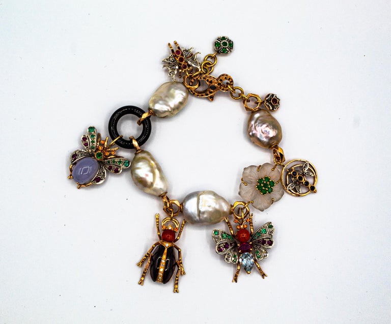 Art Nouveau Diamond Ruby Sapphire Emerald Aquamarine Pearl Yellow Gold Bracelet For Sale 5