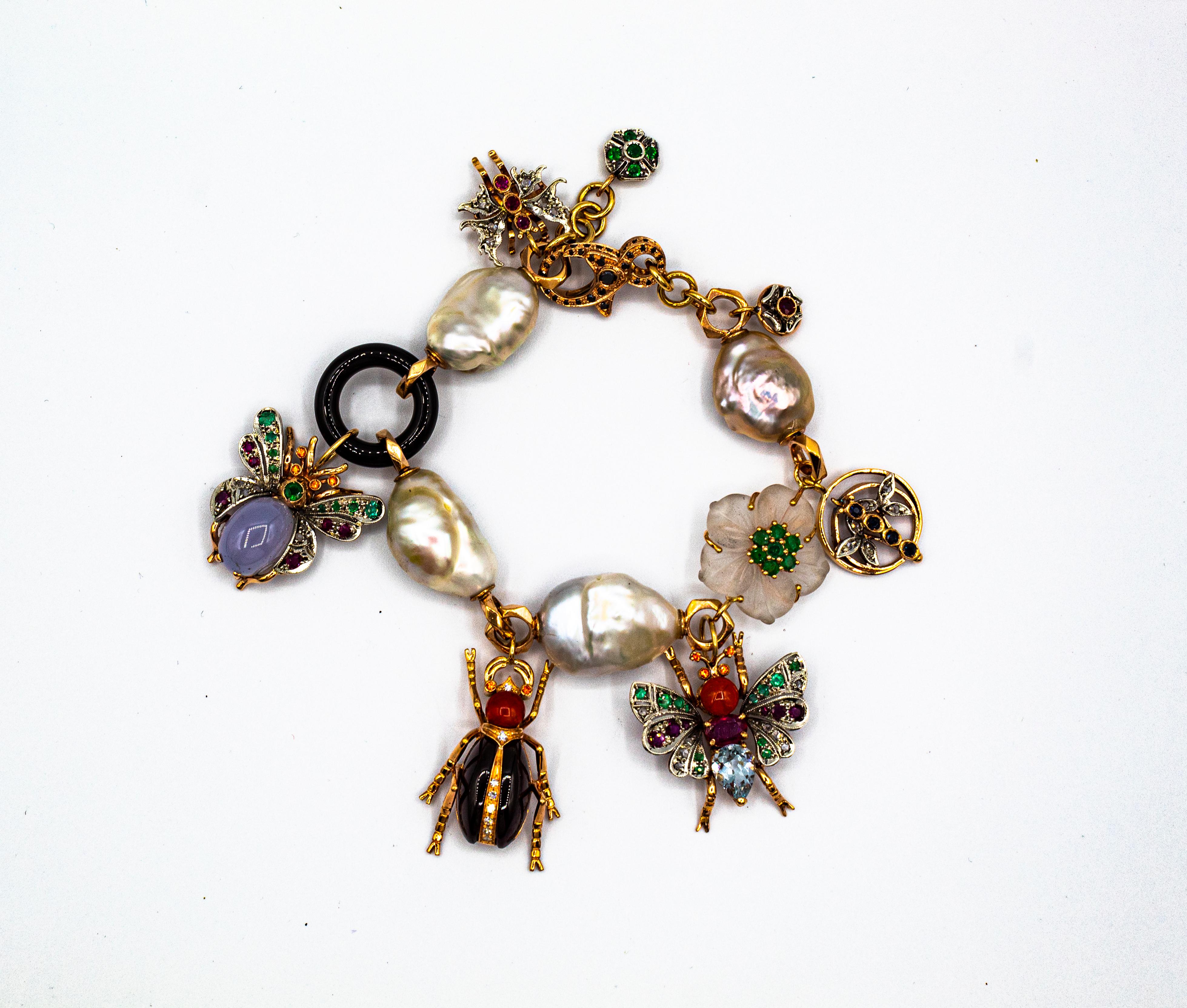 Art Nouveau Diamond Ruby Sapphire Emerald Aquamarine Pearl Yellow Gold Bracelet For Sale 6