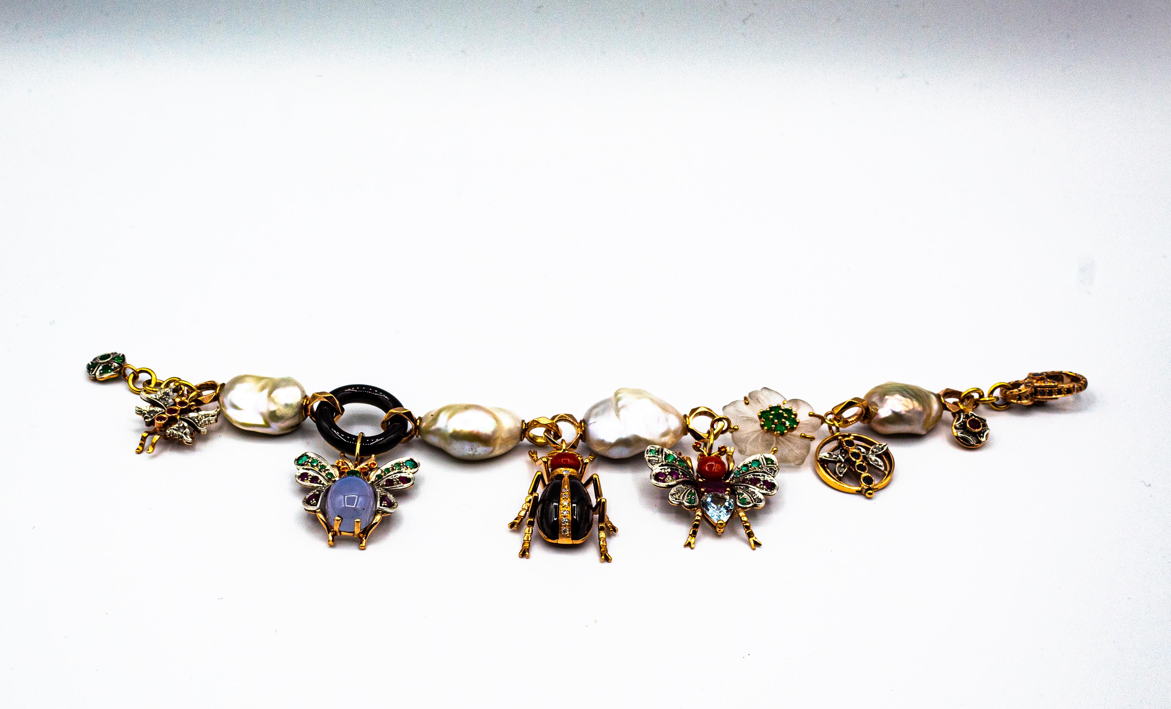 Mixed Cut Art Nouveau Diamond Ruby Sapphire Emerald Aquamarine Pearl Yellow Gold Bracelet For Sale