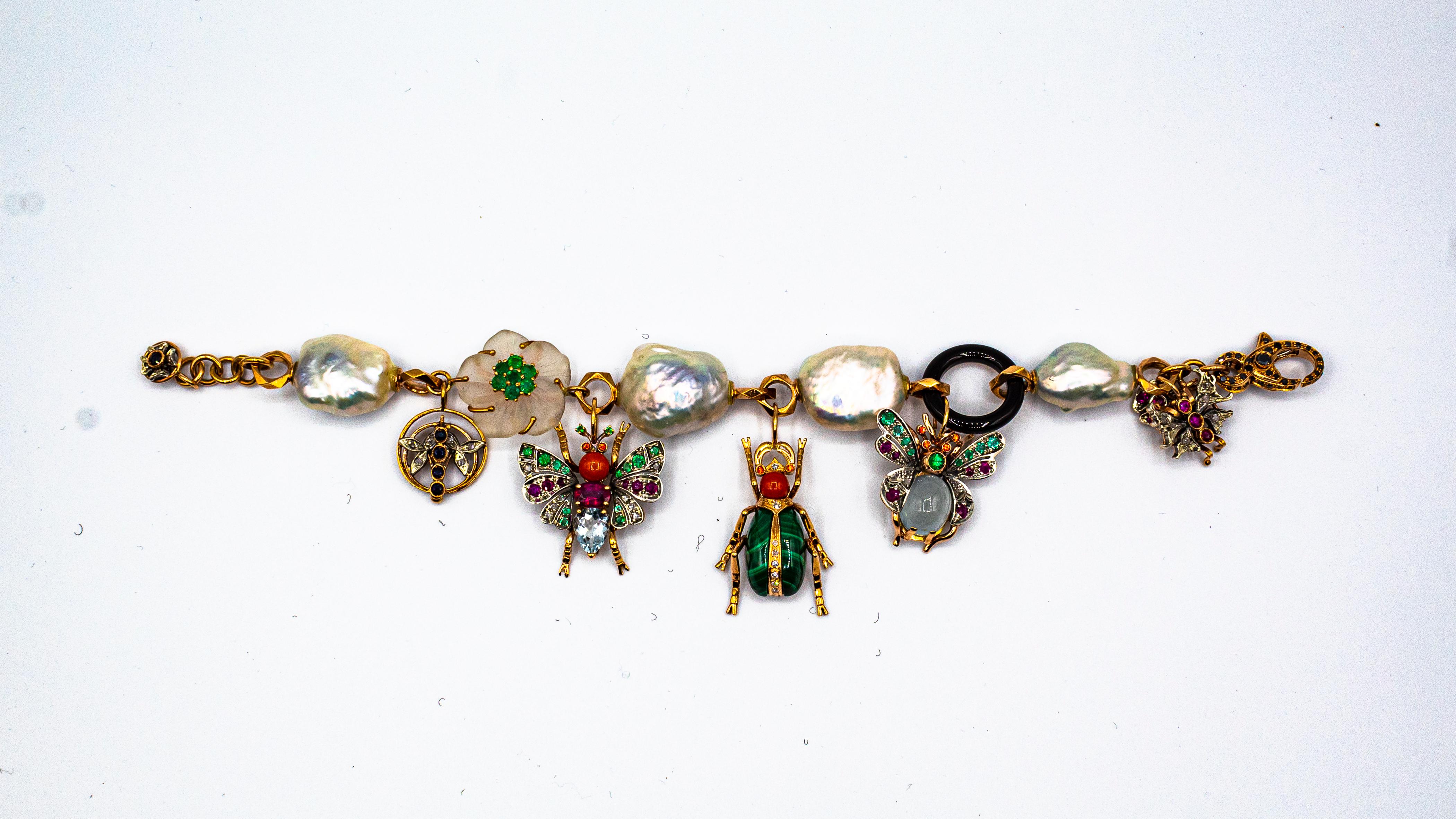 Art Nouveau Diamant Rubin Saphir Smaragd Aquamarin Perle Gelbgold Armband (Gemischter Schliff)