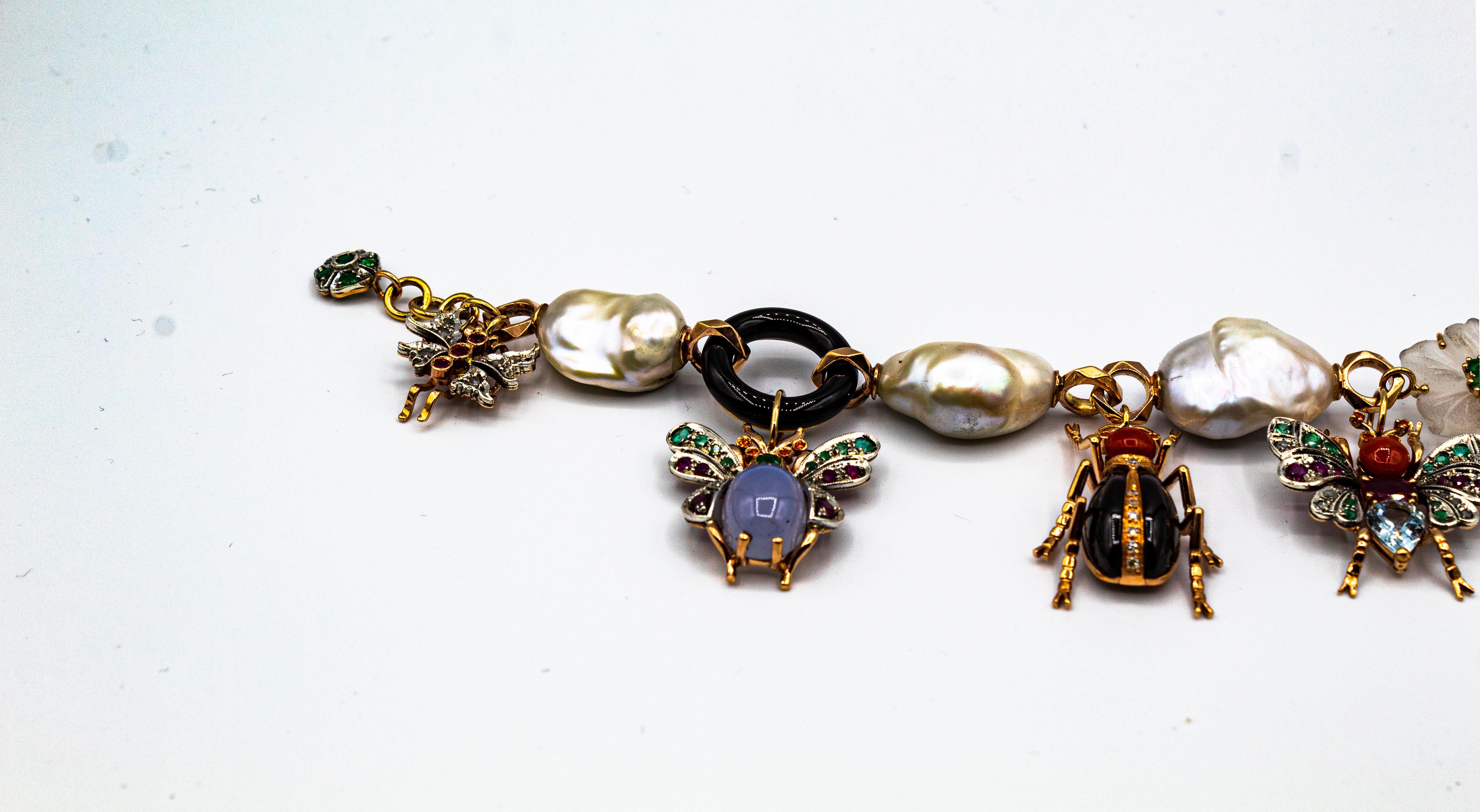 Art Nouveau Diamond Ruby Sapphire Emerald Aquamarine Pearl Yellow Gold Bracelet In New Condition In Naples, IT
