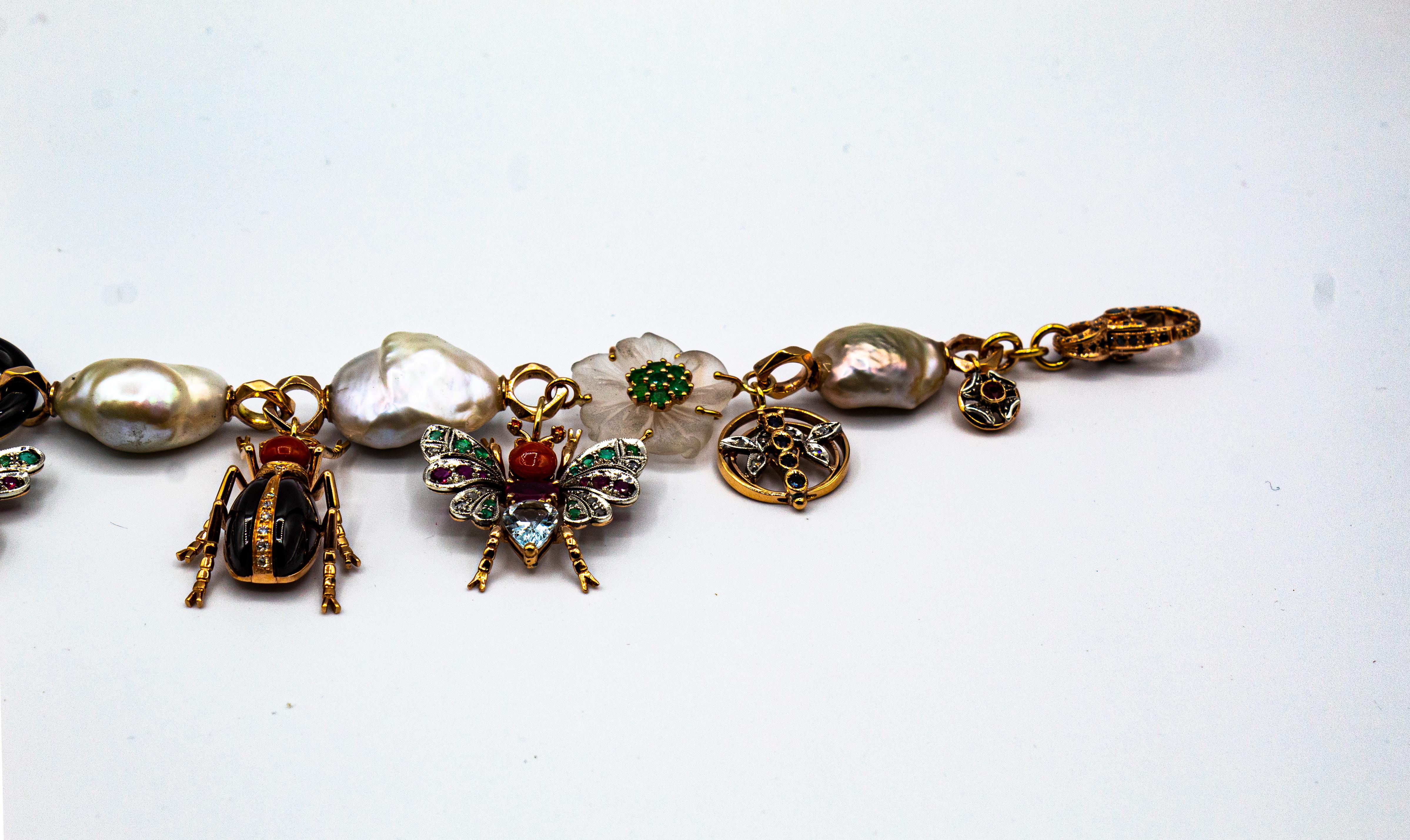 Art Nouveau Diamond Ruby Sapphire Emerald Aquamarine Pearl Yellow Gold Bracelet In New Condition In Naples, IT