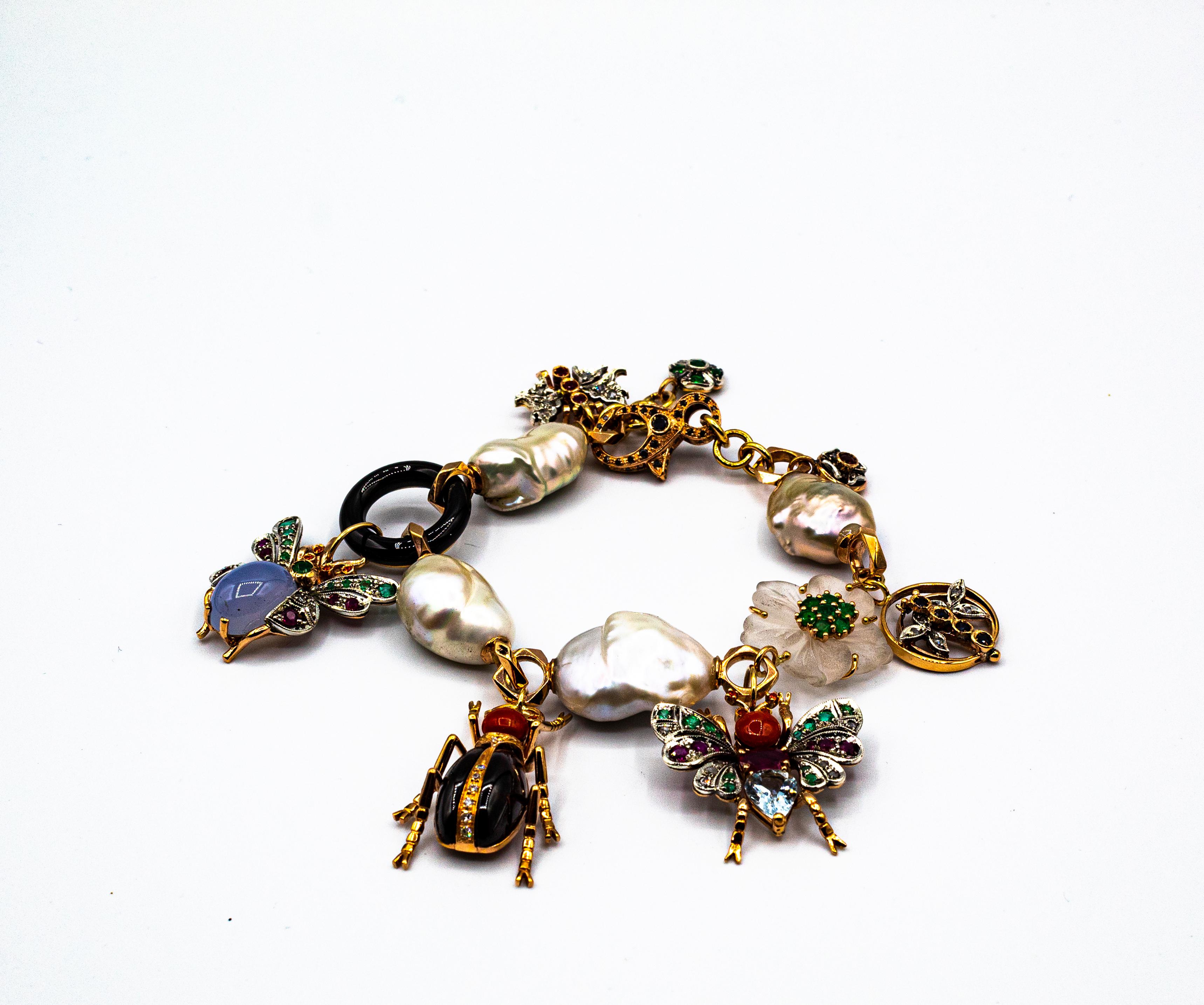 Jugendstil Diamant-Rubin-Saphir-Smaragd-Aquamarin-Perlen-Gelbgold-Armband für Damen oder Herren im Angebot
