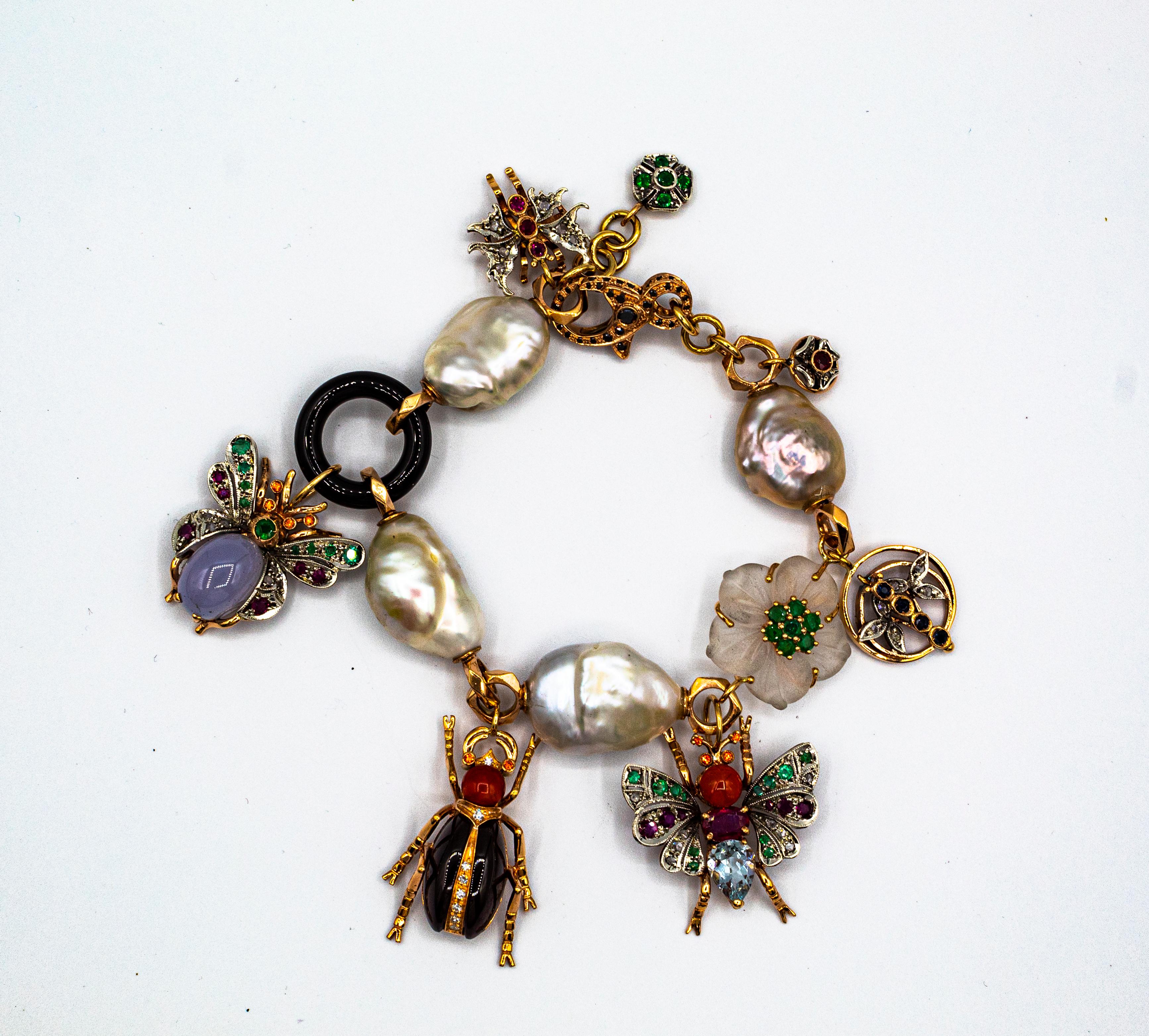 Art Nouveau Diamond Ruby Sapphire Emerald Aquamarine Pearl Yellow Gold Bracelet For Sale 2