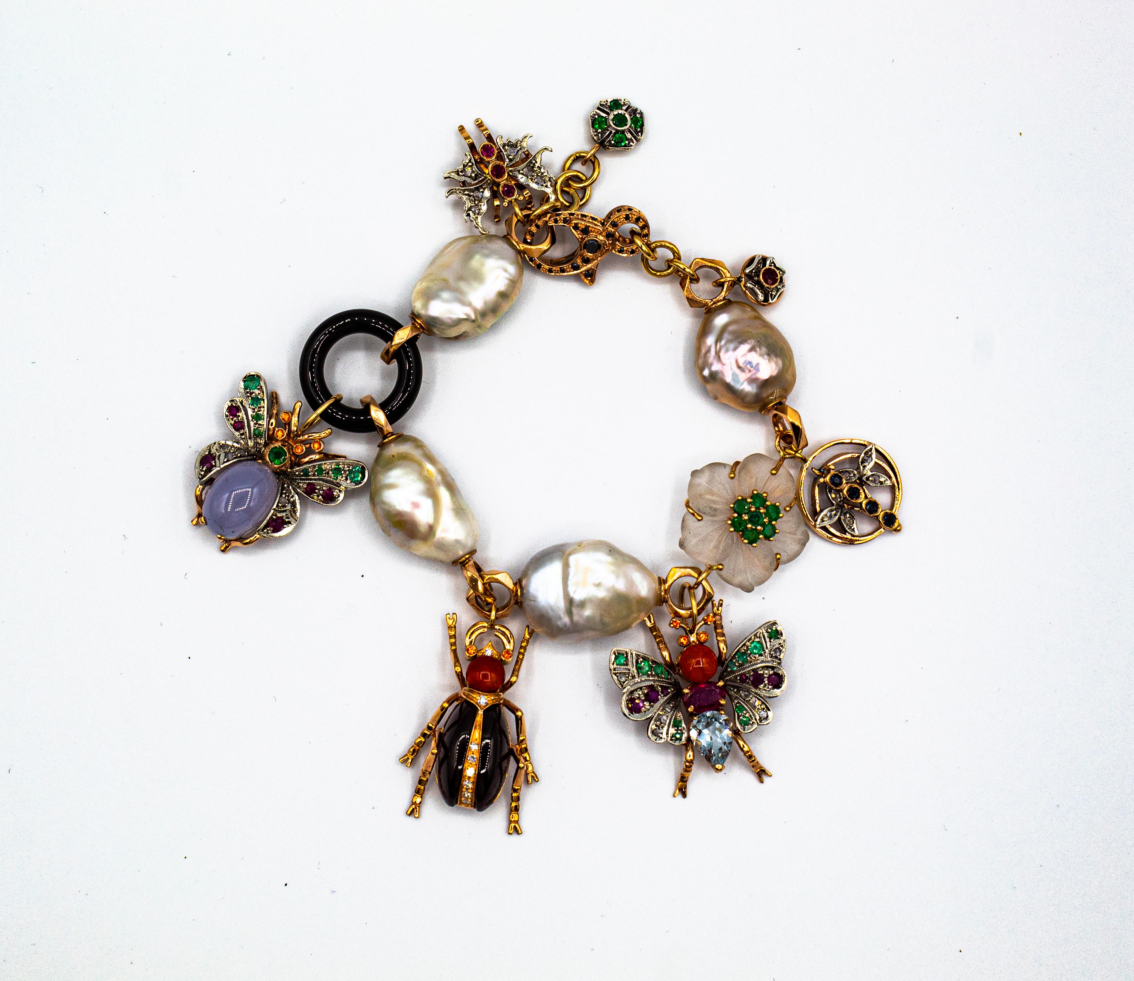 Art Nouveau Diamond Ruby Sapphire Emerald Aquamarine Pearl Yellow Gold Bracelet For Sale 3