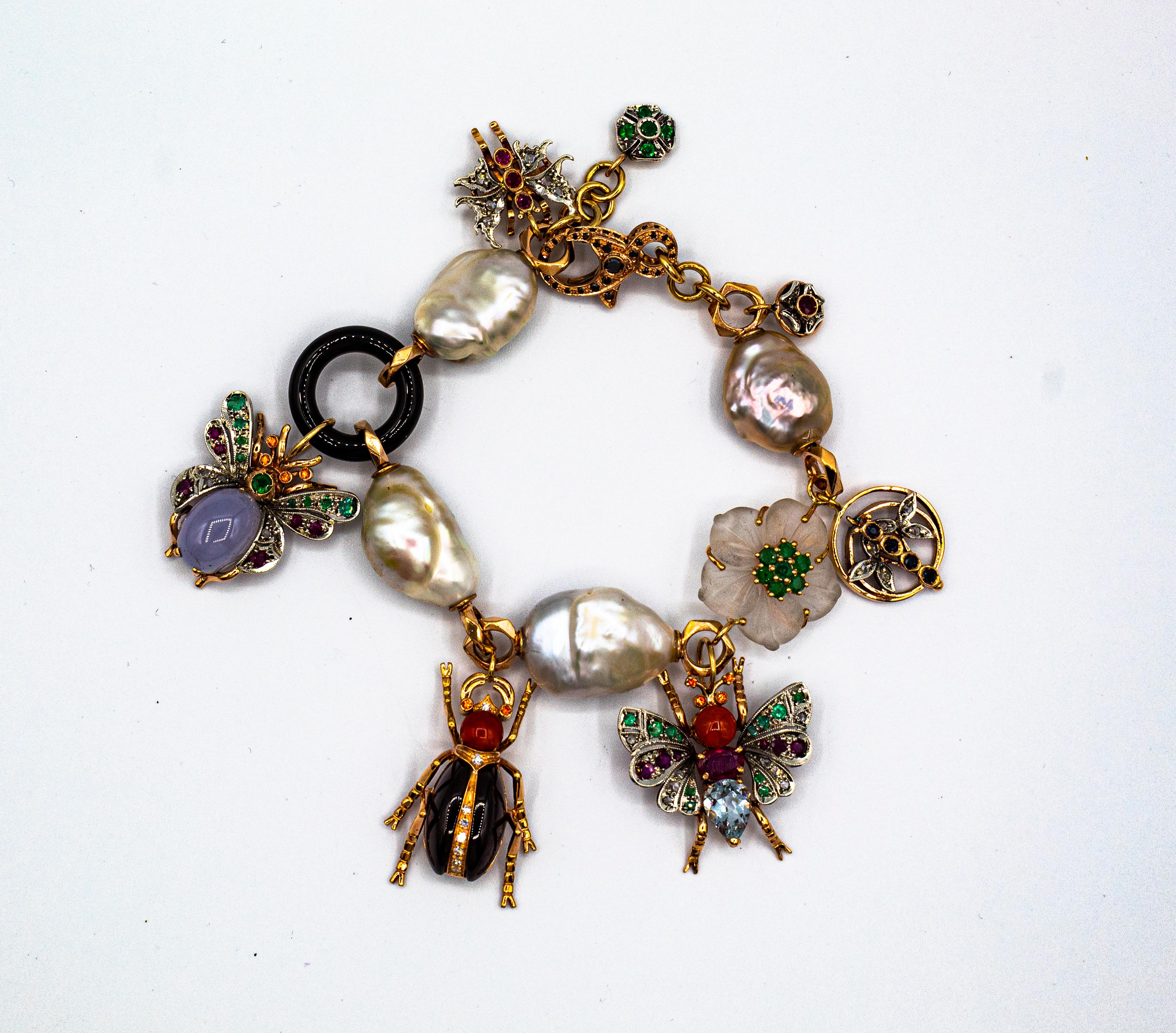 Art Nouveau Diamond Ruby Sapphire Emerald Aquamarine Pearl Yellow Gold Bracelet For Sale 4