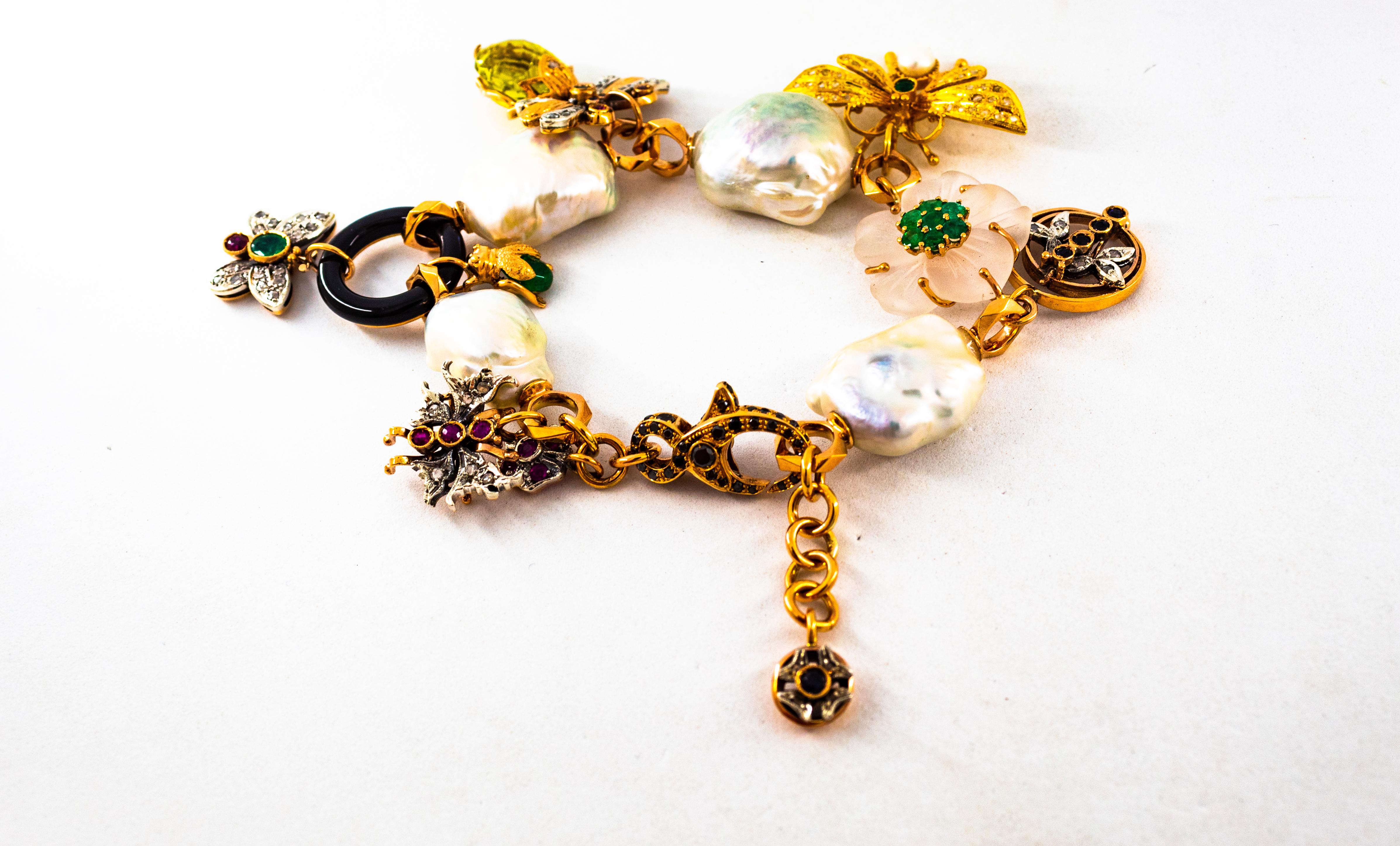 Art Nouveau Diamond Ruby Sapphire Emerald Citrine Pearl Yellow Gold Bracelet 7