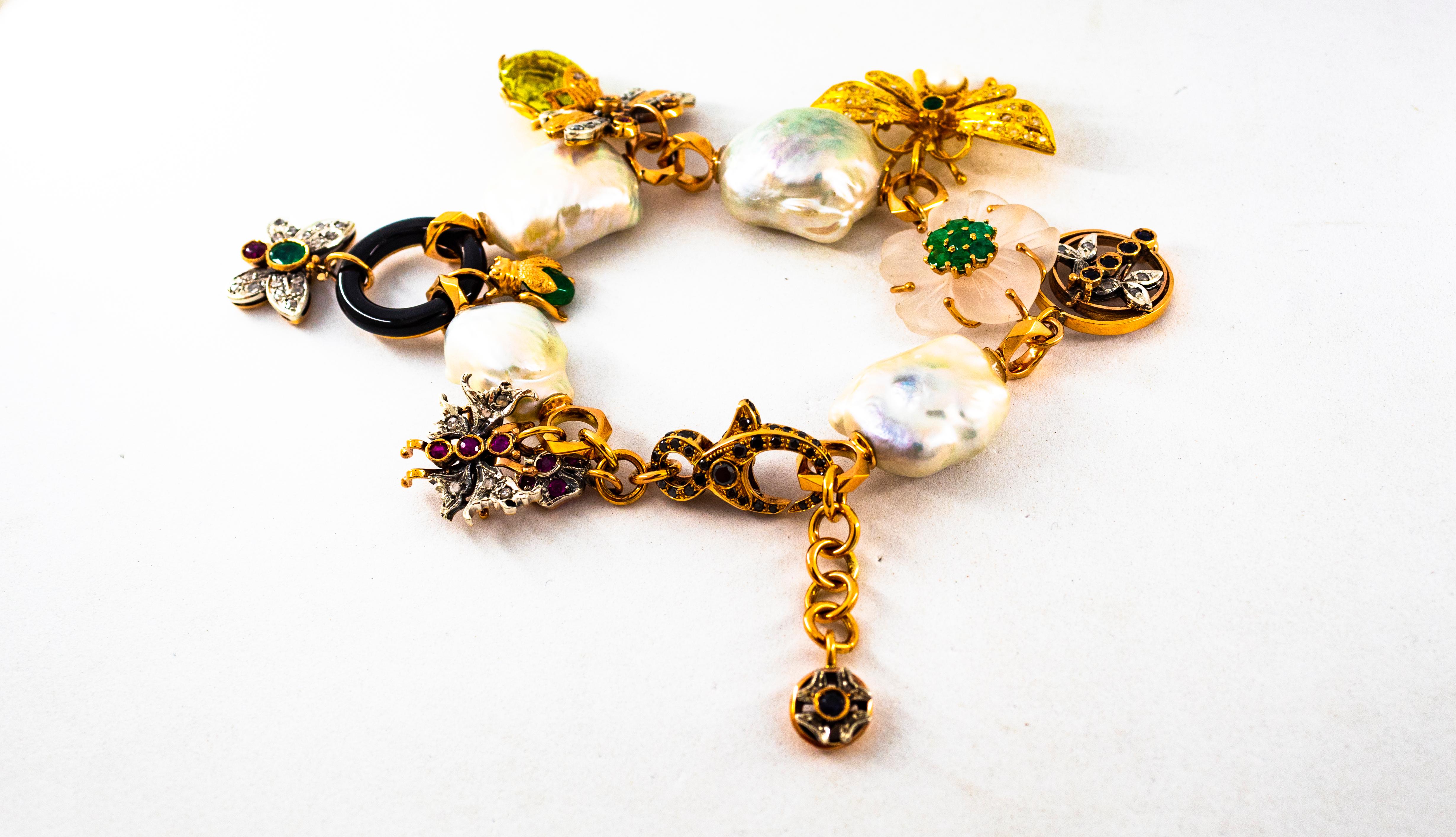 Art Nouveau Diamond Ruby Sapphire Emerald Citrine Pearl Yellow Gold Bracelet 8
