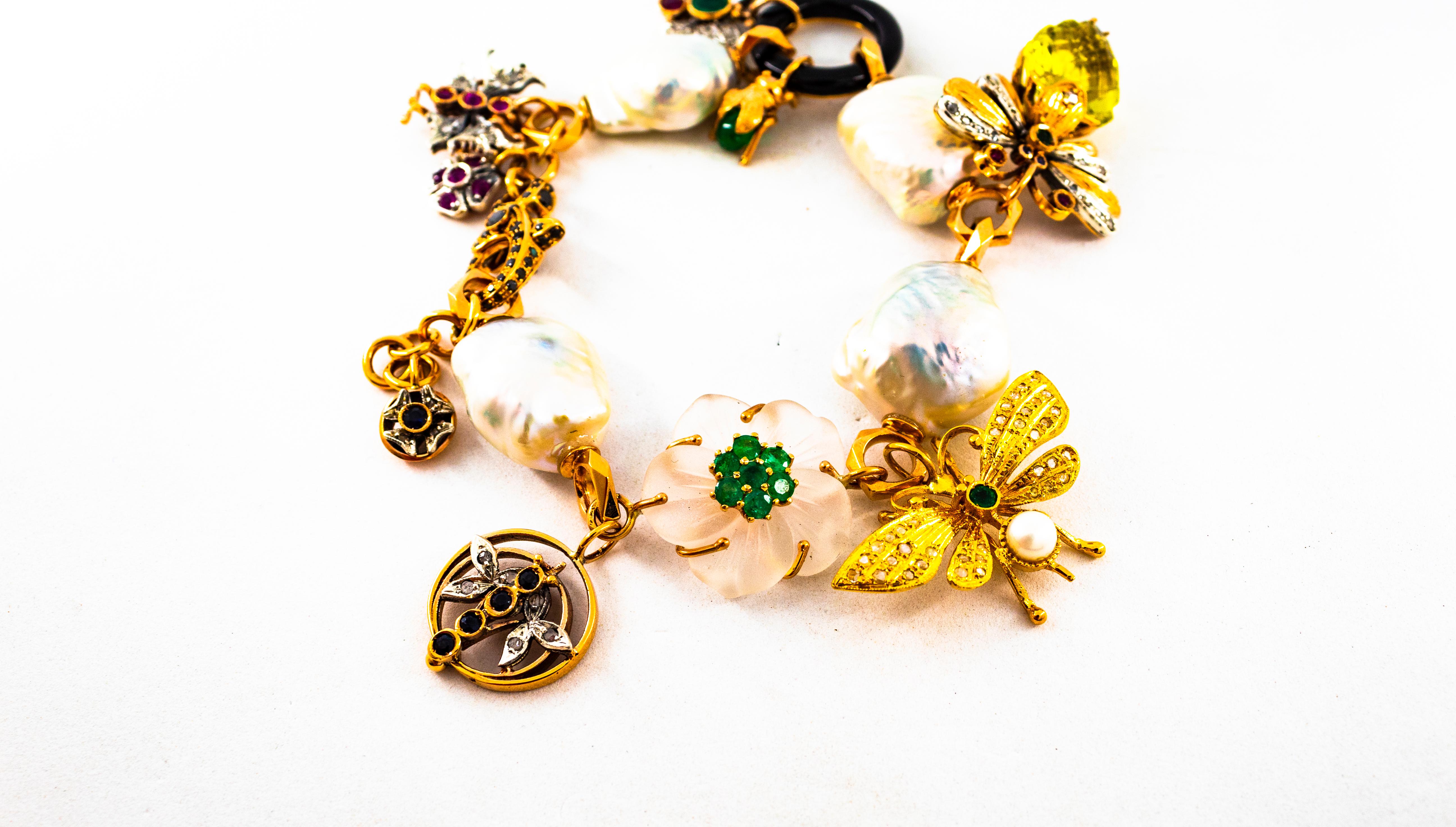 Art Nouveau Diamond Ruby Sapphire Emerald Citrine Pearl Yellow Gold Bracelet 9