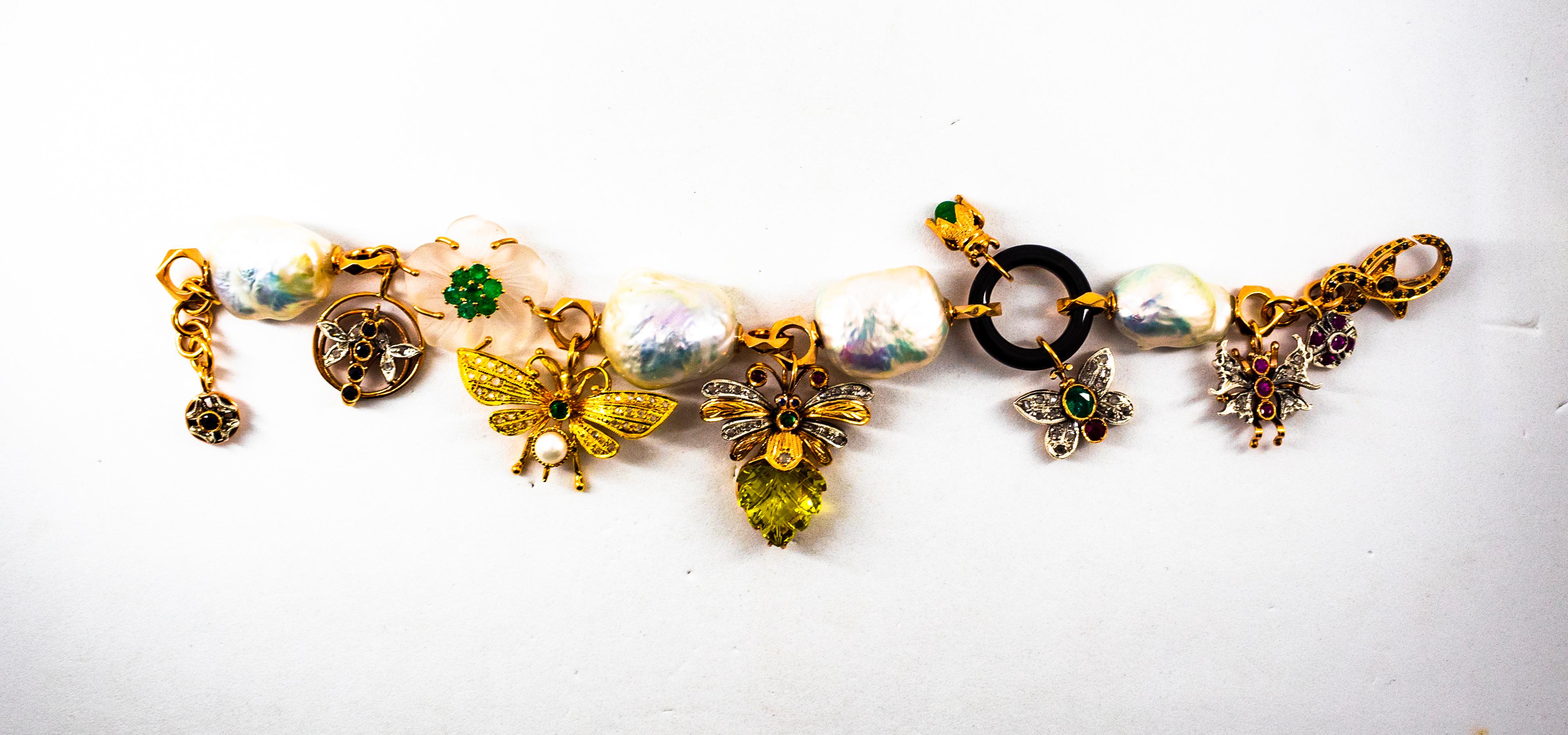 Art Nouveau Diamond Ruby Sapphire Emerald Citrine Pearl Yellow Gold Bracelet 11