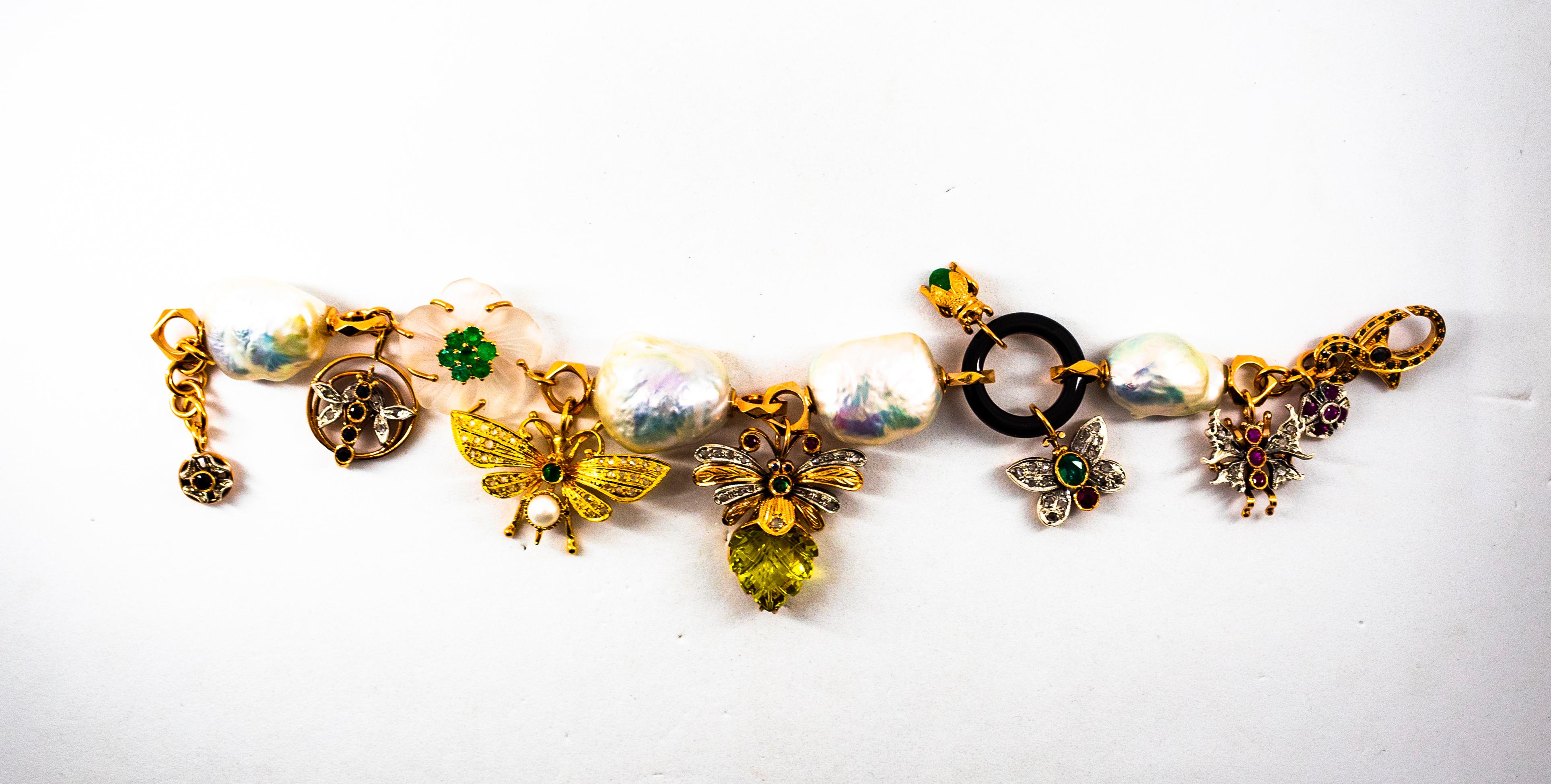 Art Nouveau Diamond Ruby Sapphire Emerald Citrine Pearl Yellow Gold Bracelet 12