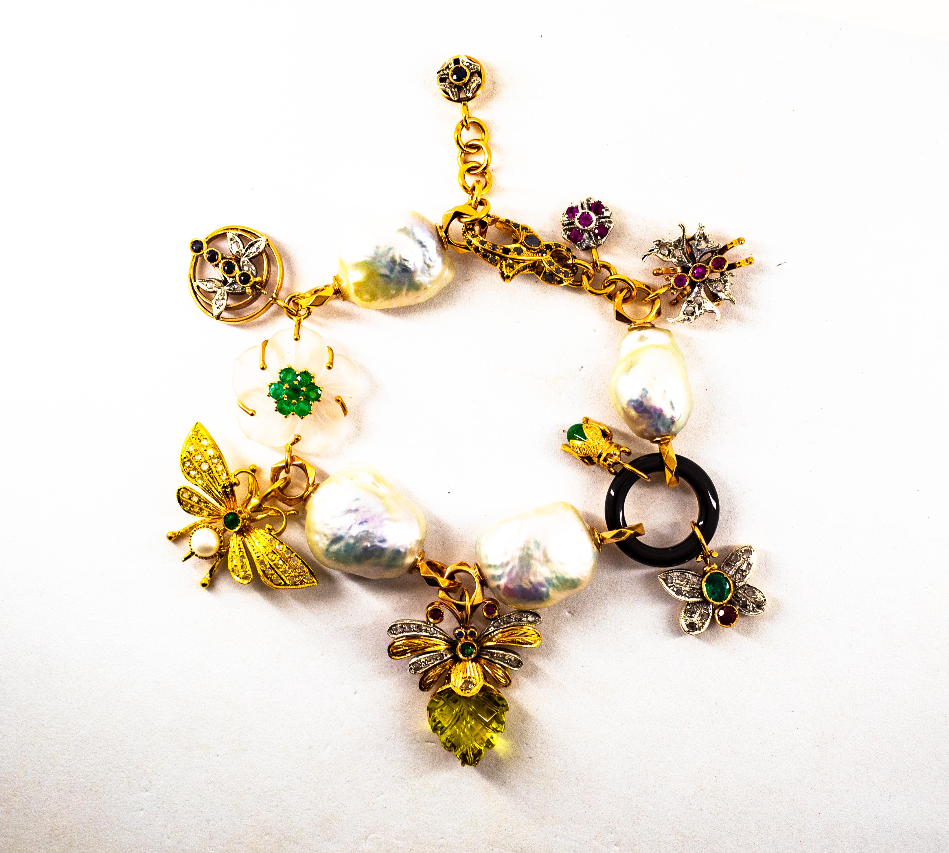 Mixed Cut Art Nouveau Diamond Ruby Sapphire Emerald Citrine Pearl Yellow Gold Bracelet