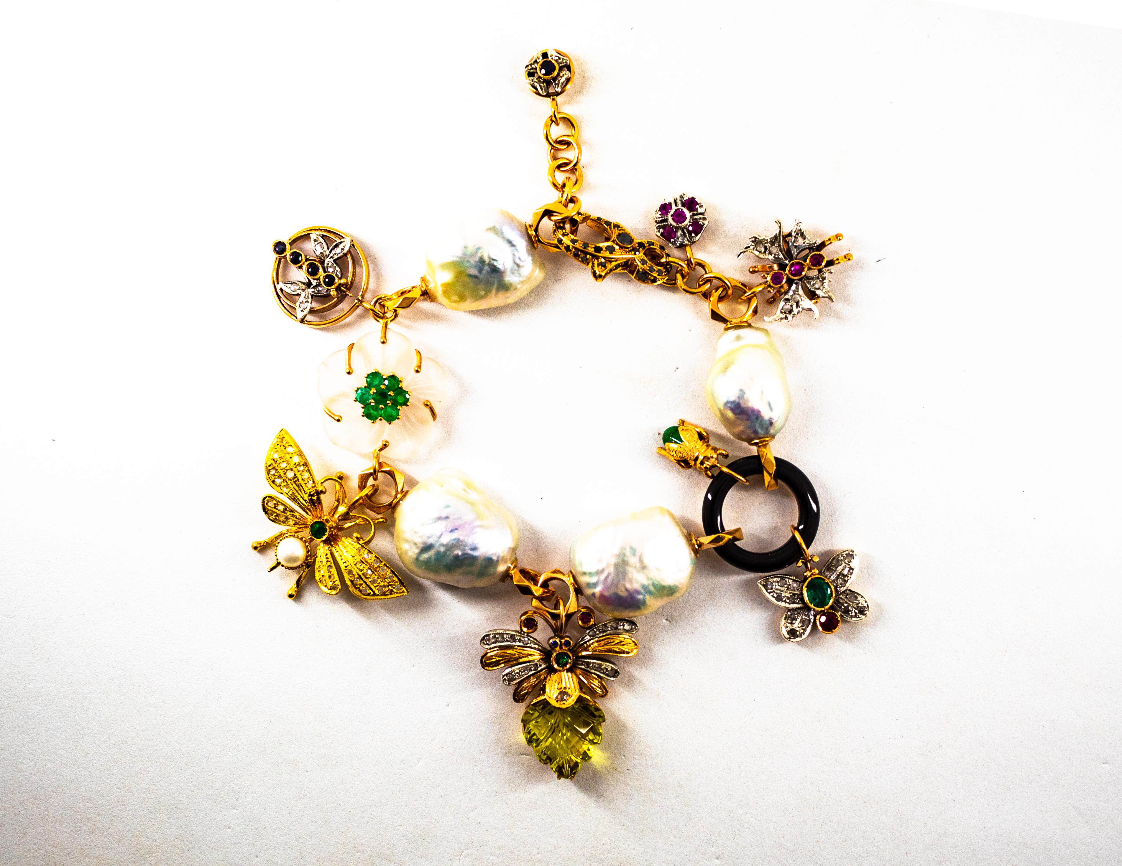 Art Nouveau Diamond Ruby Sapphire Emerald Citrine Pearl Yellow Gold Bracelet In New Condition In Naples, IT