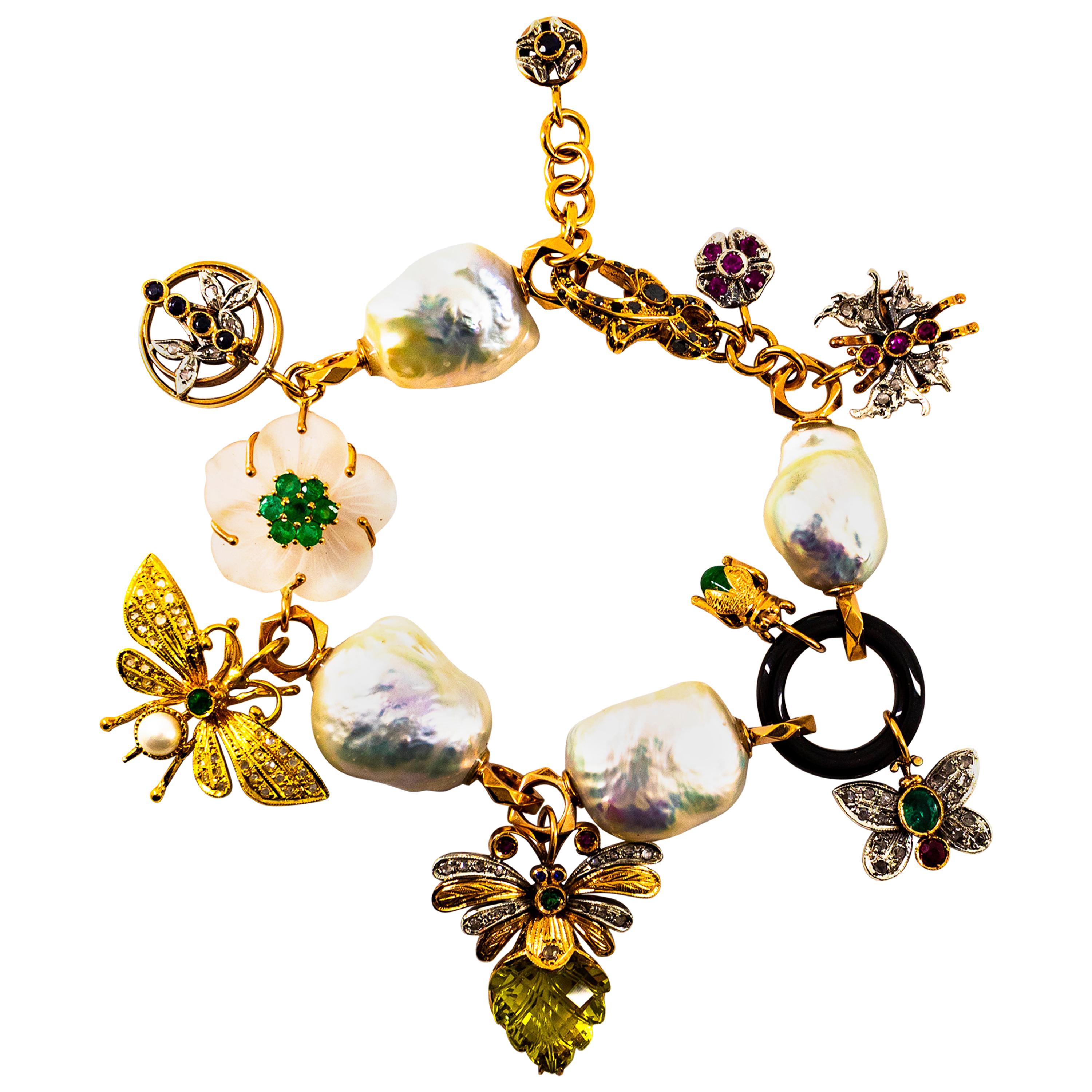 Art Nouveau Diamond Ruby Sapphire Emerald Citrine Pearl Yellow Gold Bracelet