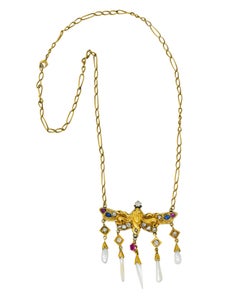 Art Nouveau Diamond Ruby Sapphire Pearl 14 Karat Gold Droplet Necklace
