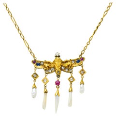 Antique Art Nouveau Diamond Ruby Sapphire Pearl 14 Karat Gold Droplet Necklace