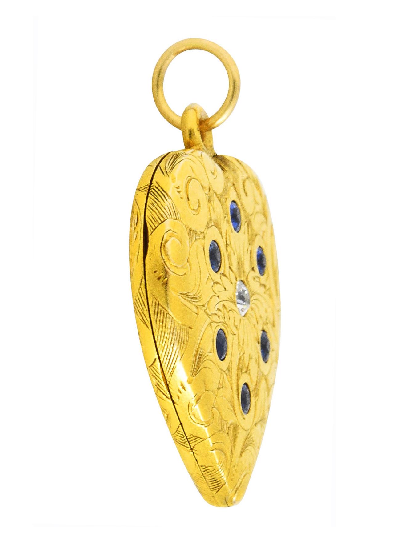 Round Cut Art Nouveau Diamond Sapphire 14 Karat Two-Tone Gold Scroll Heart Locket Pendant For Sale