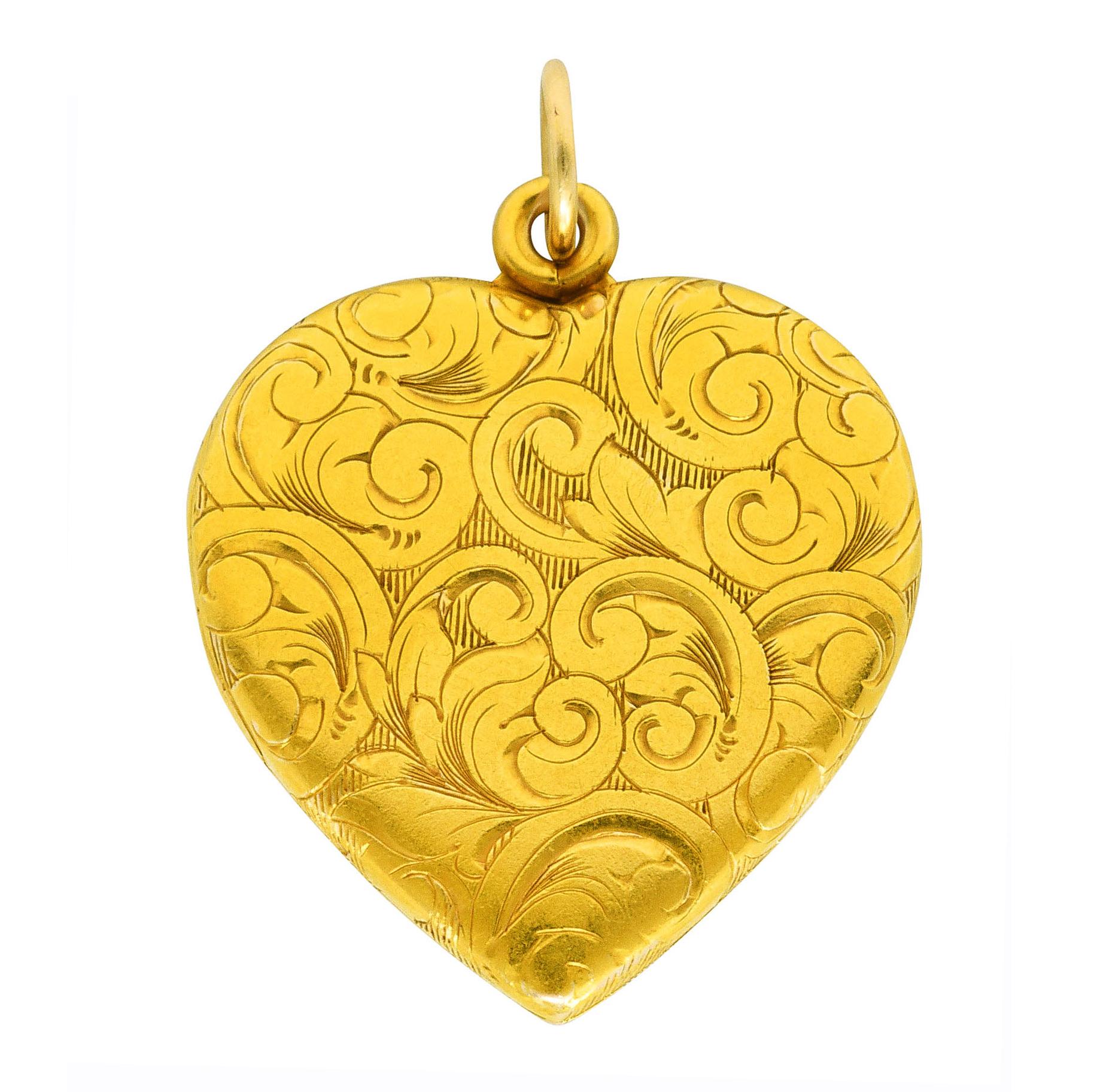 Art Nouveau Diamond Sapphire 14 Karat Two-Tone Gold Scroll Heart Locket Pendant In Excellent Condition For Sale In Philadelphia, PA