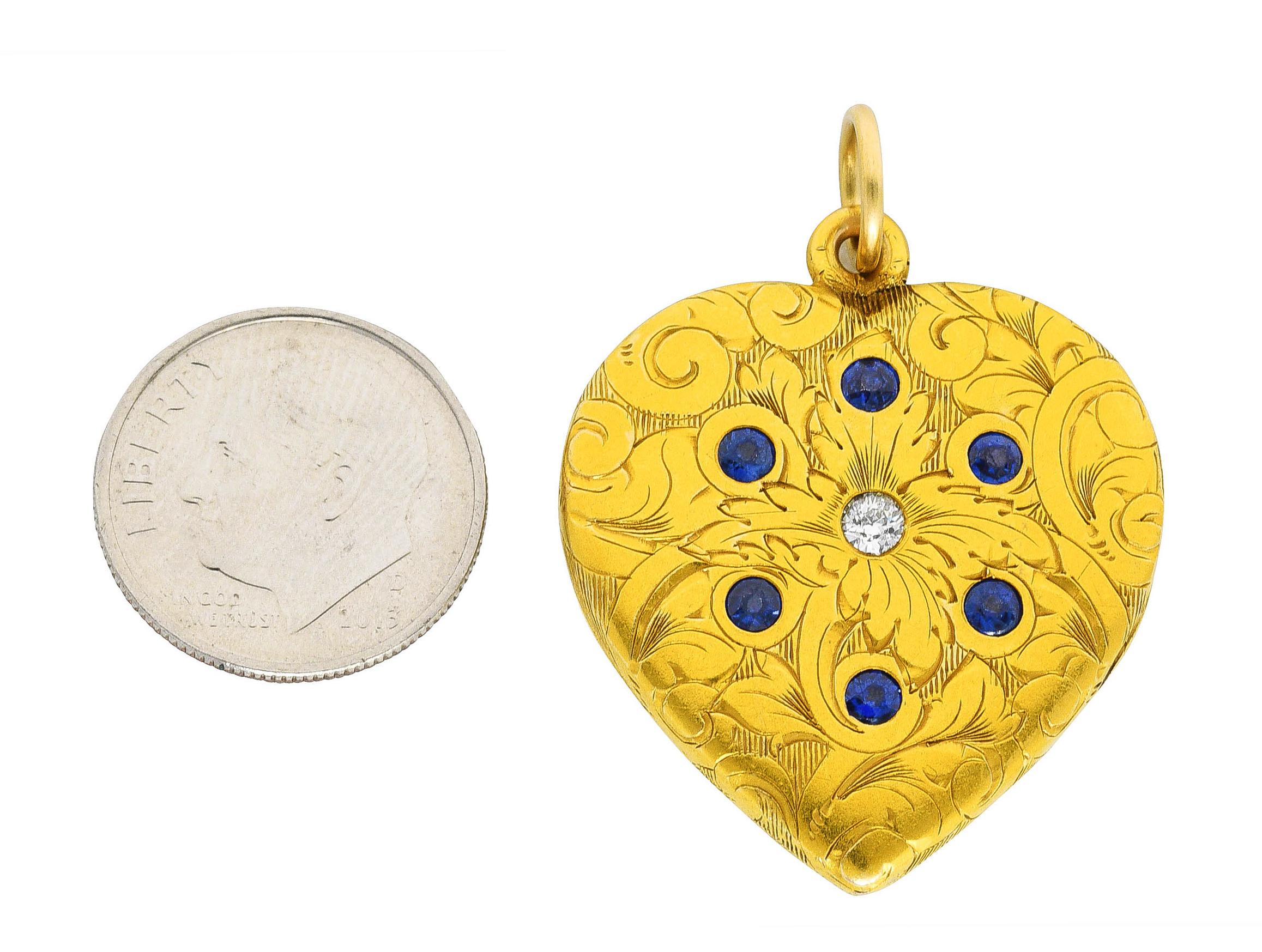 Art Nouveau Diamond Sapphire 14 Karat Two-Tone Gold Scroll Heart Locket Pendant For Sale 2