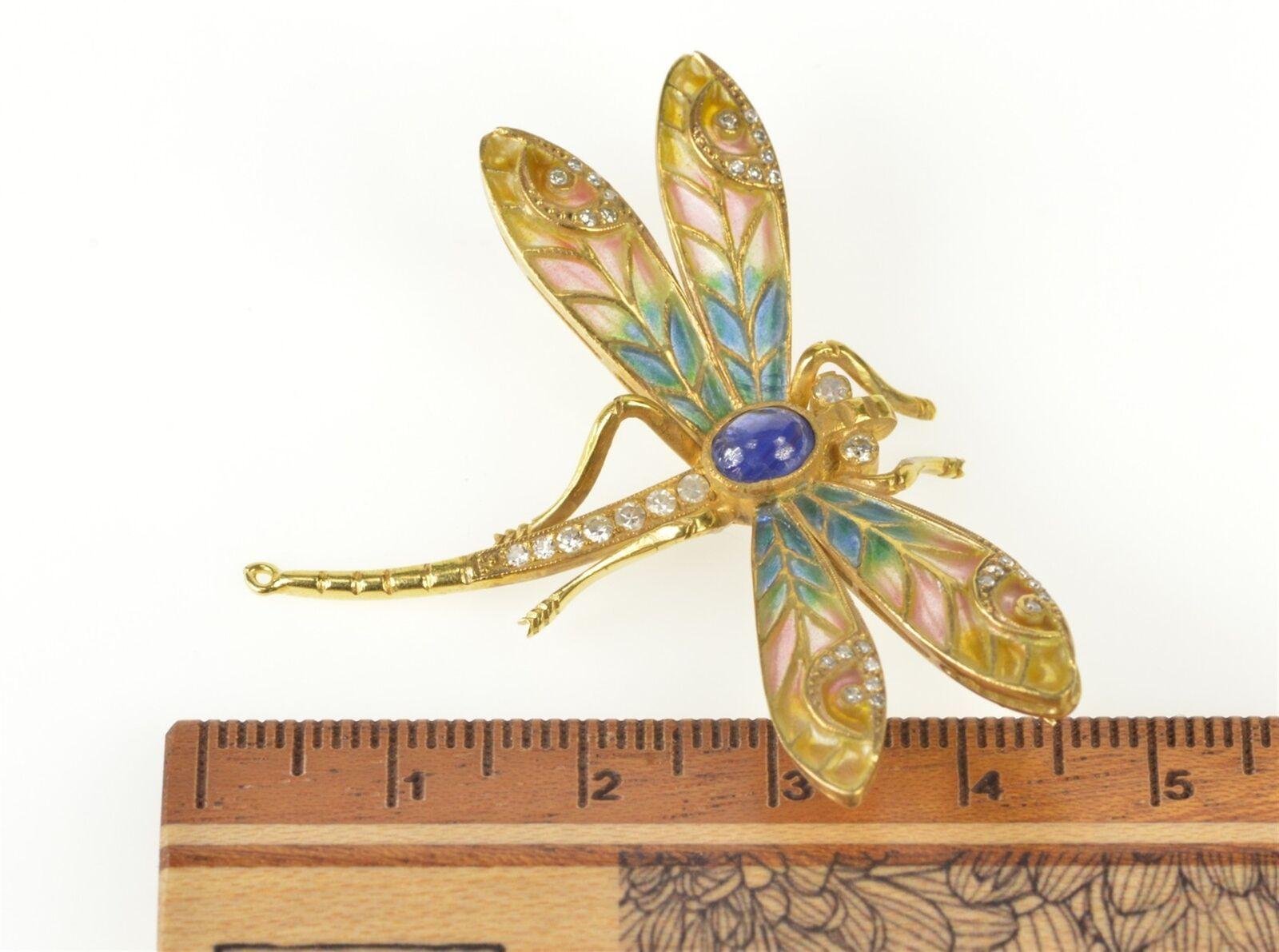 Women's or Men's Art Nouveau Diamond Sapphire Enamel Dragonfly Gold Pin/Brooch