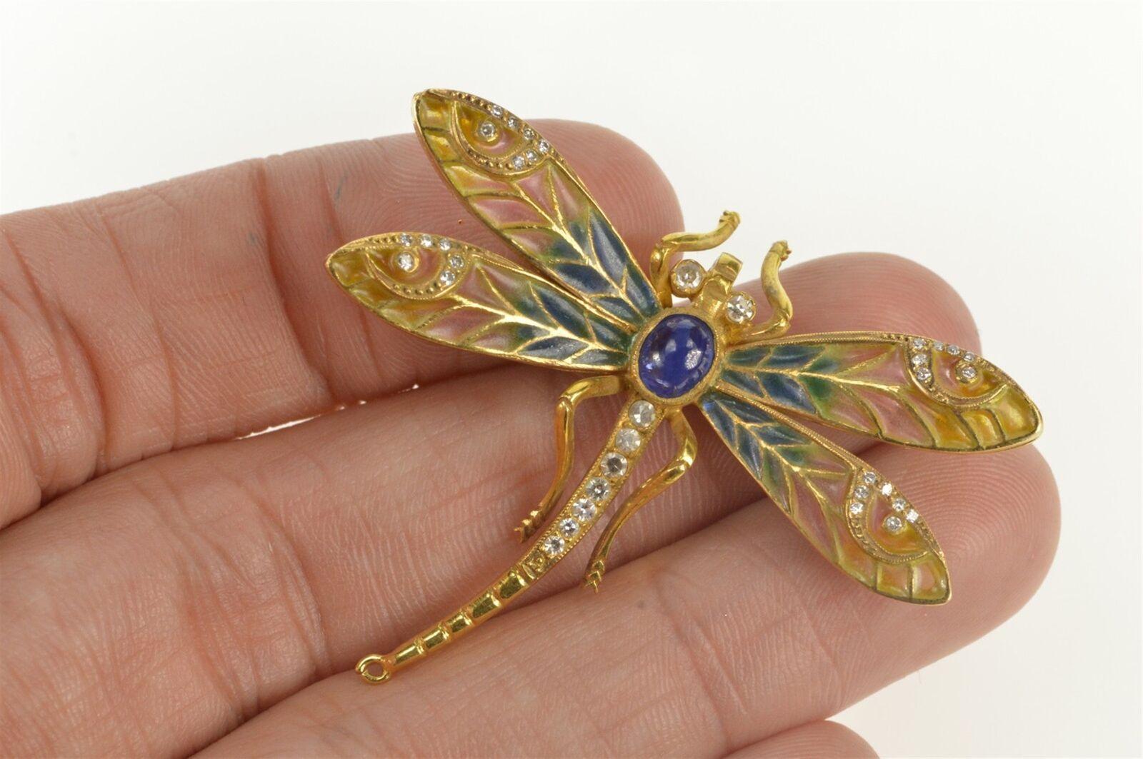 Art Nouveau Diamond Sapphire Enamel Dragonfly Gold Pin/Brooch 1