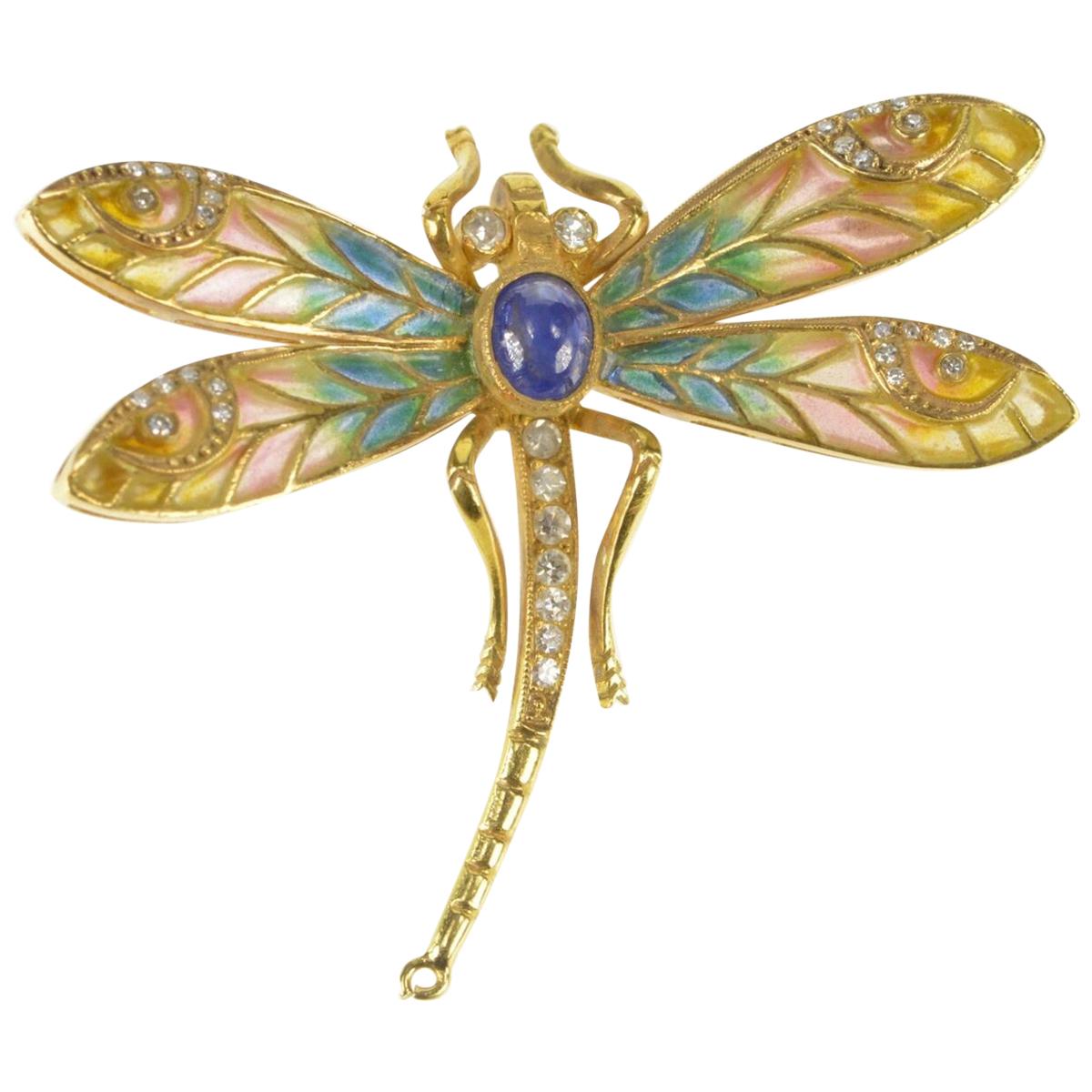 Art Nouveau Diamond Sapphire Enamel Dragonfly Gold Pin/Brooch