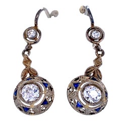 Art Nouveau Diamond Sapphire Gold Drop Earrings