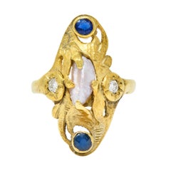 Art Nouveau Diamond Sapphire Pearl 14 Karat Gold Ring