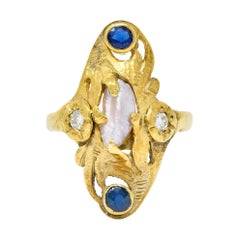 Art Nouveau Diamond Sapphire Pearl 14 Karat Gold Ring