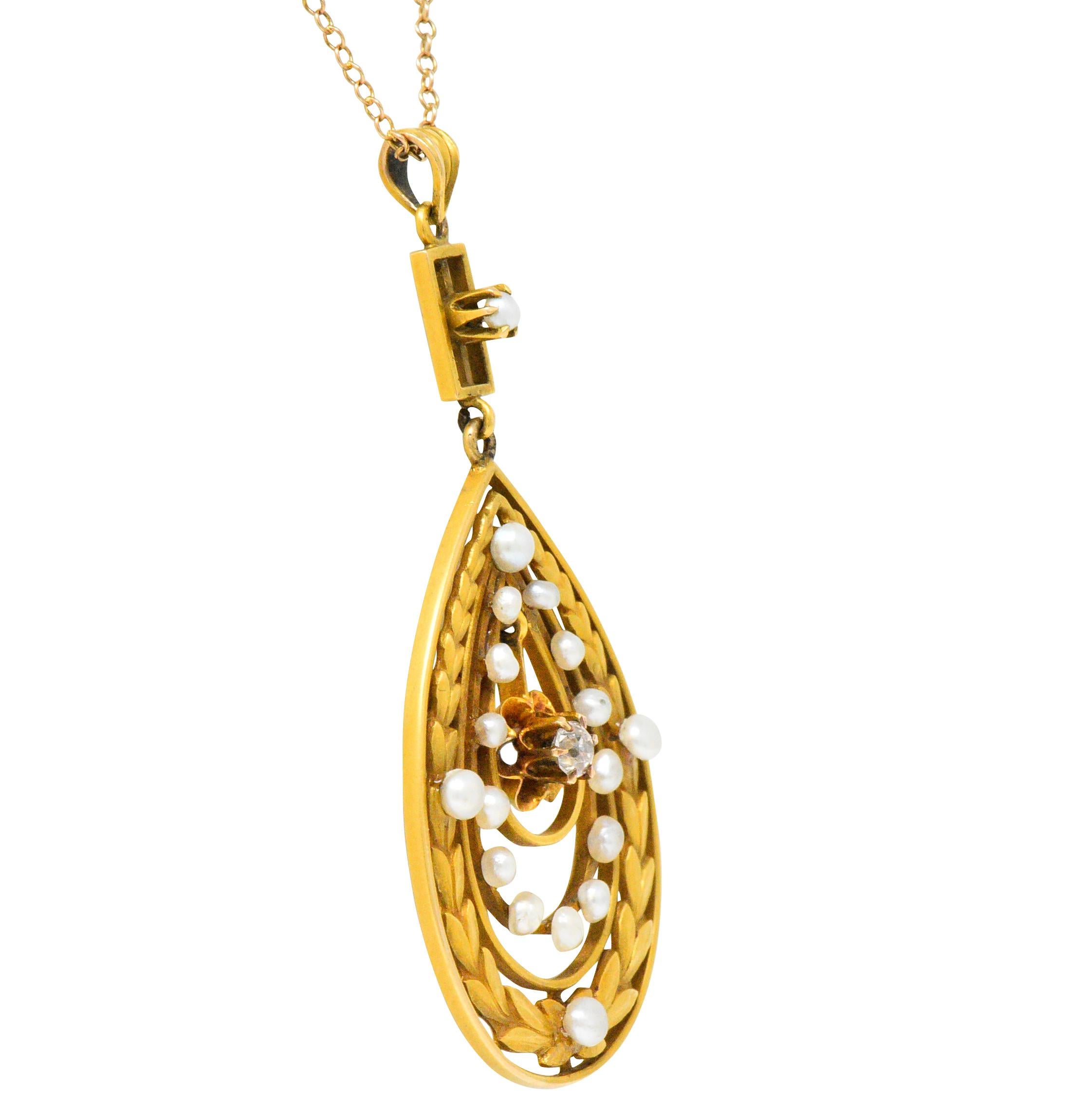 Old Mine Cut Art Nouveau Diamond Seed Pearl 14 Karat Gold Pendant Drop Necklace