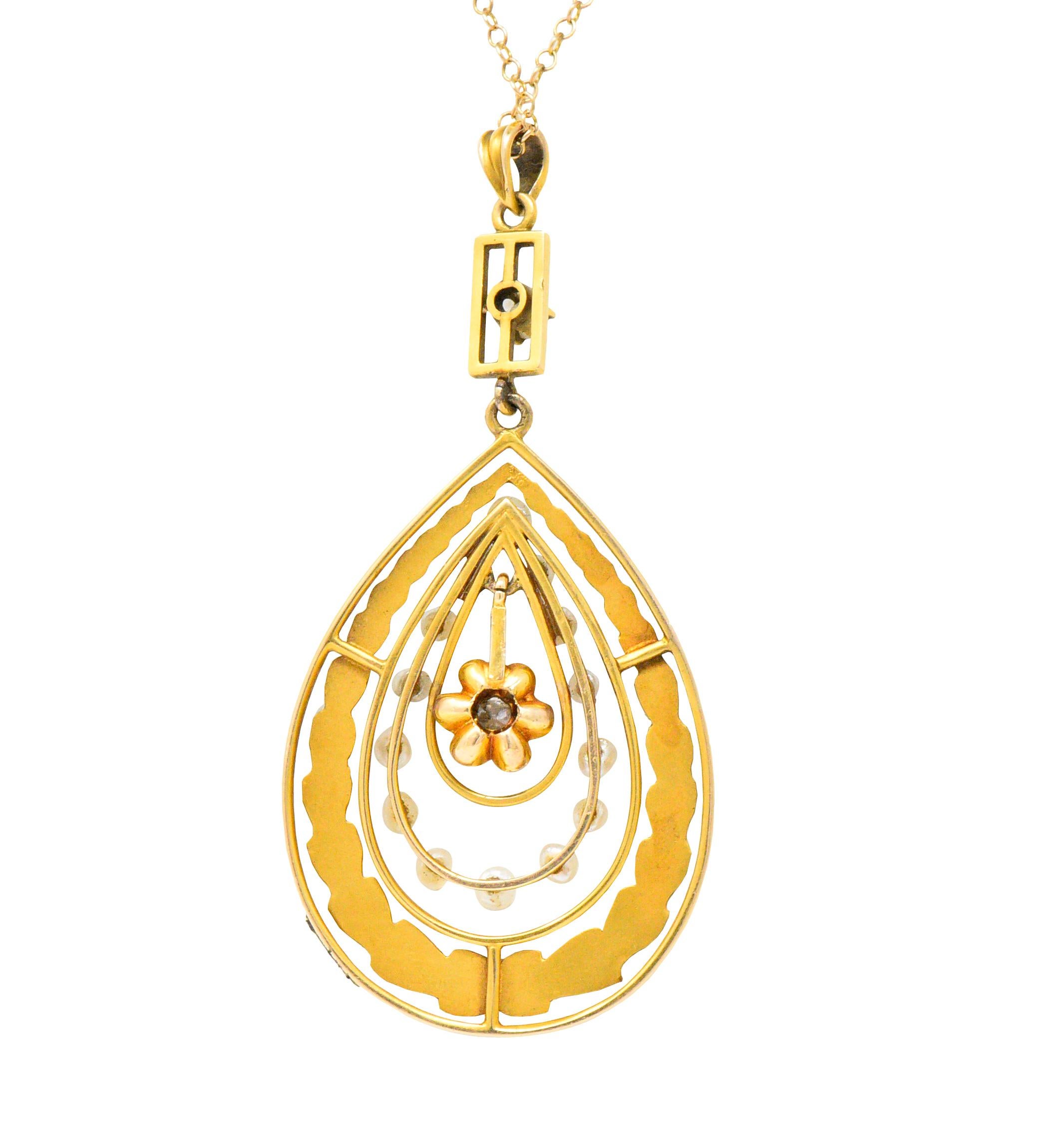 Art Nouveau Diamant Samen Perle 14 Karat Gold Anhänger Tropfen Halskette (Alteuropäischer Brillantschliff)