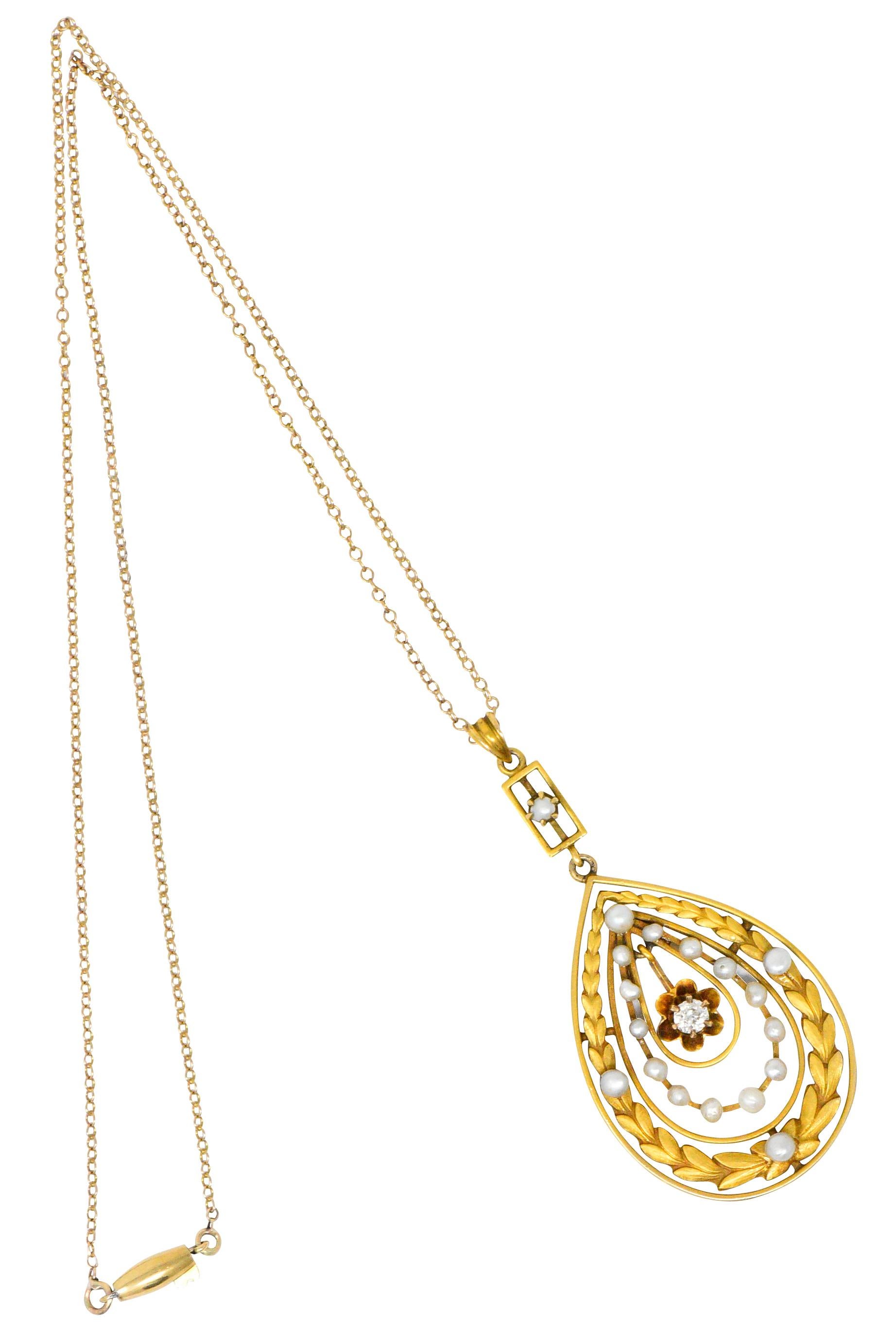 Art Nouveau Diamond Seed Pearl 14 Karat Gold Pendant Drop Necklace 1