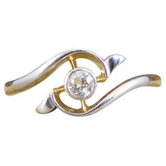 Art Nouveau Diamond Single Stone Crossover Ring in 18ct Yellow and White Gold