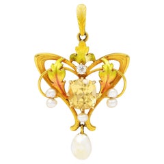 Antique Art Nouveau Diamond Topaz Pearl Enamel 14 Karat Gold Pendant